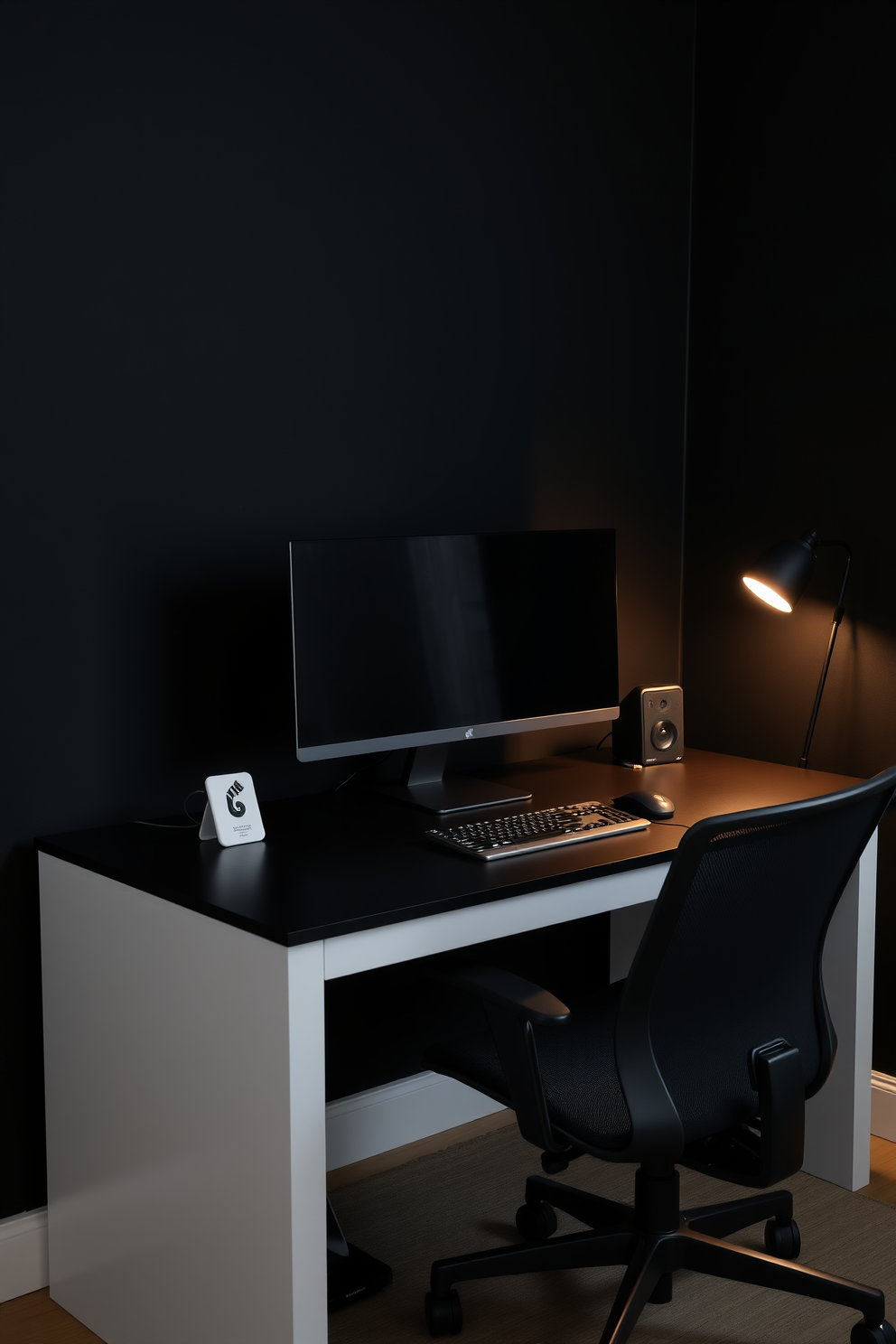 A sleek monochrome desk setup features a minimalist black desk paired with a comfortable ergonomic chair. On the desk, a high-resolution monitor sits alongside a compact keyboard and mouse, creating a streamlined workspace. The walls are painted in a deep matte black, enhancing the modern aesthetic of the home office. Accent lighting from a stylish desk lamp casts a warm glow, highlighting the organized arrangement of tech gadgets and accessories.