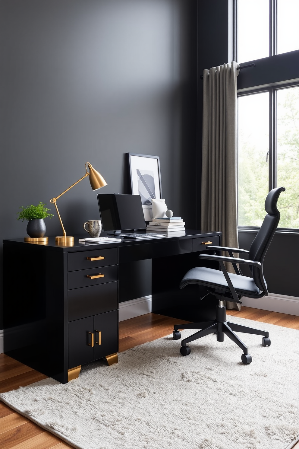 A modern home office featuring sleek black furniture with brass hardware accents. The desk is minimalist with clean lines, complemented by a stylish brass lamp and a comfortable black ergonomic chair. The walls are painted in a deep charcoal shade, creating a sophisticated backdrop. A large window allows natural light to flood the space, highlighting a plush area rug in muted tones.