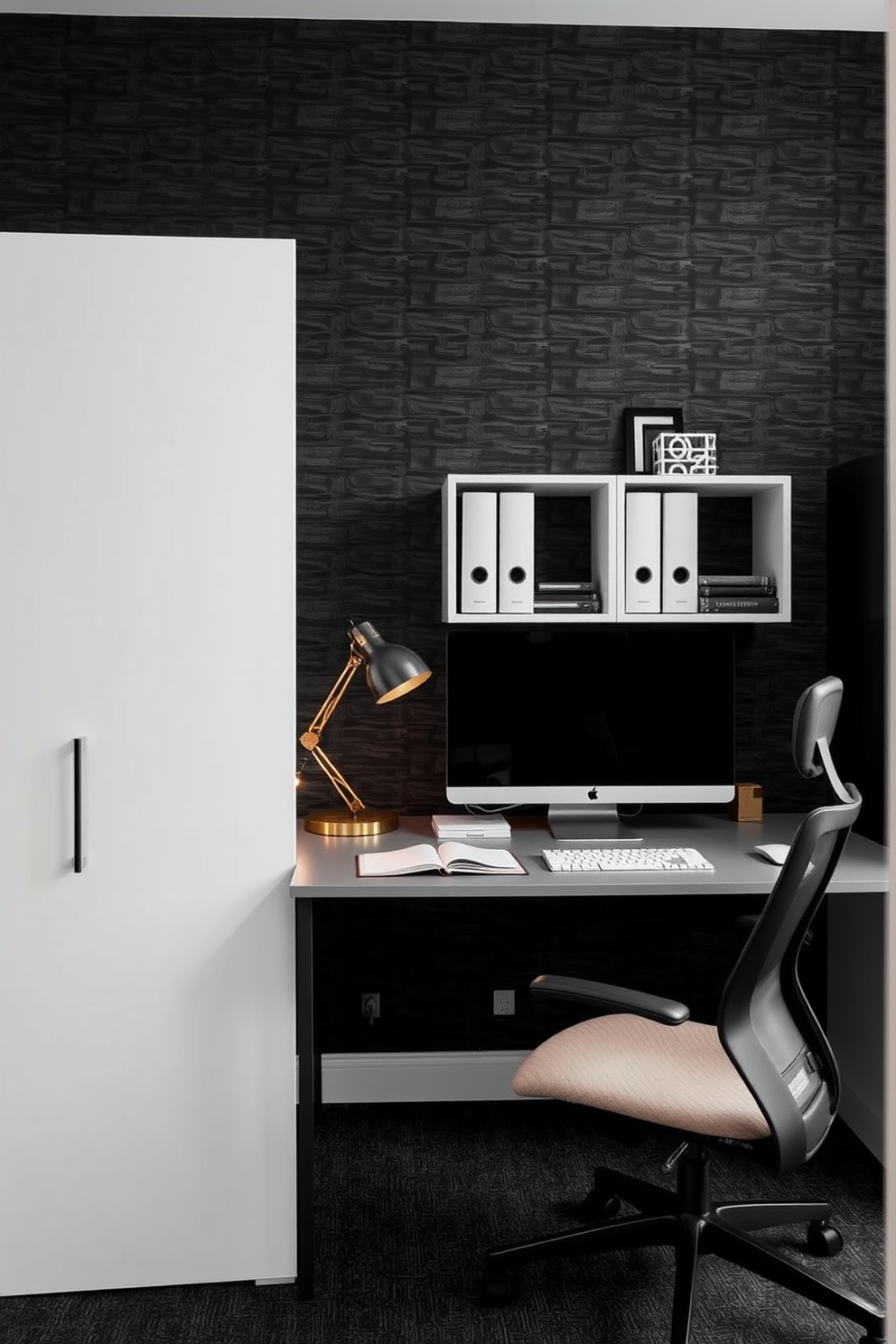 A stylish home office featuring textured black wallpaper that adds depth to the space. The room is furnished with a sleek black desk, a comfortable ergonomic chair, and modern shelving units for organization.