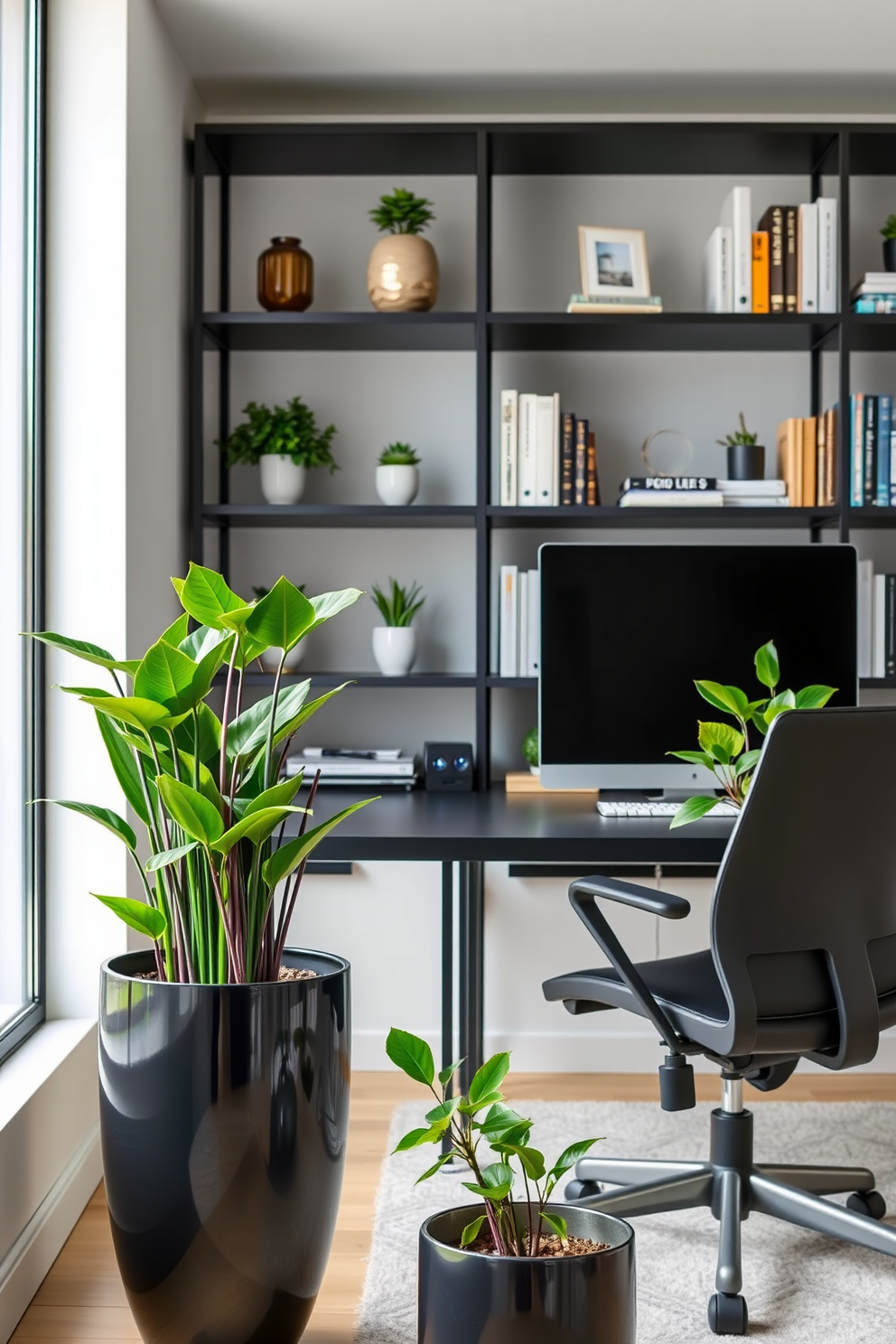 A modern home office featuring sleek black plant pots filled with lush greenery accents. The workspace includes a minimalist black desk paired with an ergonomic chair, complemented by a stylish bookshelf adorned with books and decorative items.