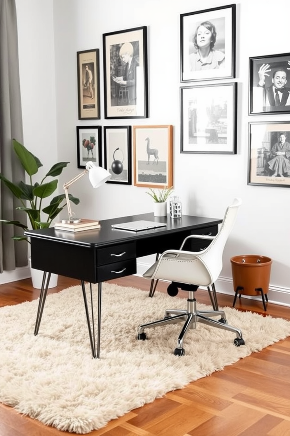 A vintage black desk sits prominently in a stylish home office, blending classic charm with contemporary elements. The desk features sleek metal legs and is paired with a modern ergonomic chair, creating an inviting workspace. The walls are adorned with framed artwork that reflects a mix of vintage and modern aesthetics. A plush area rug anchors the space, while a potted plant adds a touch of greenery to the overall design.