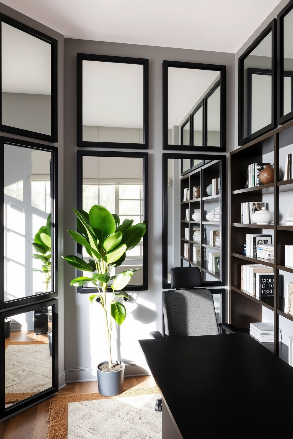 A modern home office featuring black framed mirrors that reflect natural light, creating an open and airy atmosphere. The walls are painted in a soft gray, complemented by a sleek black desk and a comfortable ergonomic chair. Incorporate stylish shelving units made of dark wood, showcasing books and decorative items. A lush green plant is placed in the corner, adding a touch of nature to the sophisticated design.