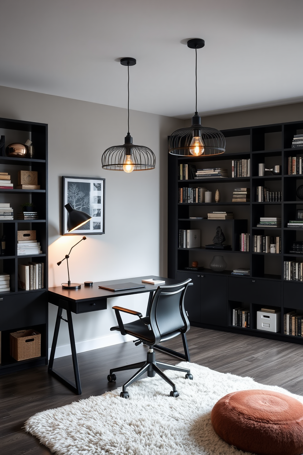 A modern home office featuring striking black lighting fixtures. The space includes a sleek black desk paired with a comfortable ergonomic chair, illuminated by unique pendant lights that add a touch of elegance. The walls are painted in a soft gray, creating a perfect contrast with the black accents. A large bookshelf filled with books and decorative items complements the design, while a plush area rug adds warmth to the room.