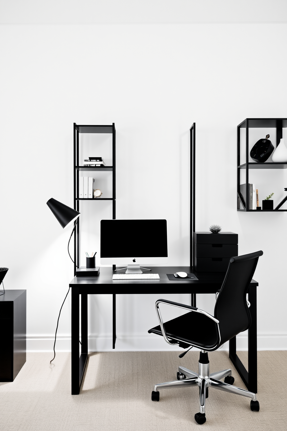 A minimalist black home office features sleek black furniture with clean lines and a clutter-free workspace. The walls are painted in a soft white, allowing the black decor elements to stand out, such as a stylish desk lamp and a geometric bookshelf.