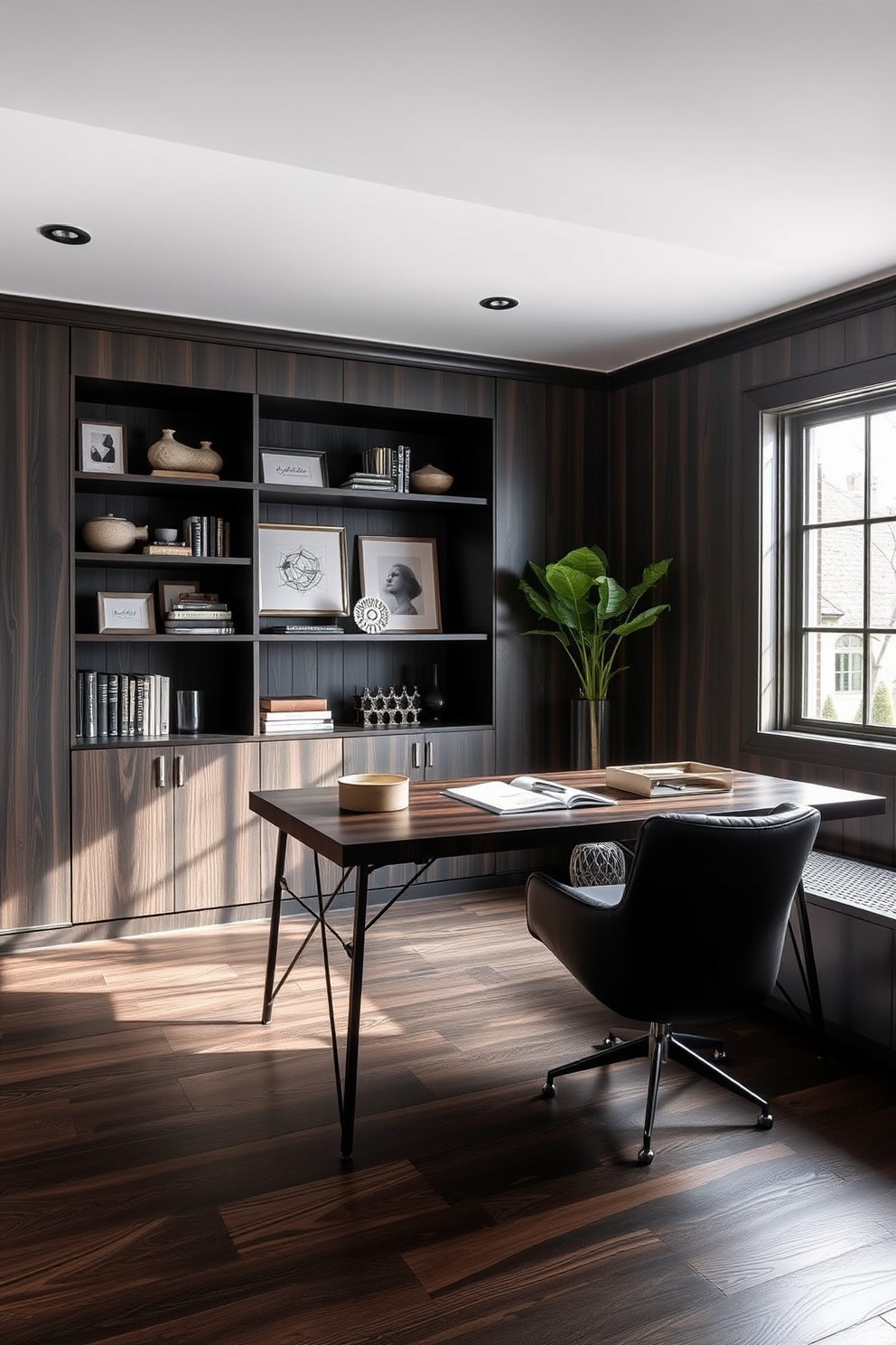 A modern home office featuring a striking black and wood color scheme. The desk is crafted from dark wood with sleek black metal legs, complemented by a comfortable black leather chair. The walls are adorned with dark wood paneling, creating a cozy yet sophisticated atmosphere. A large window allows natural light to flood the space, highlighting a stylish bookshelf filled with curated decor and books.