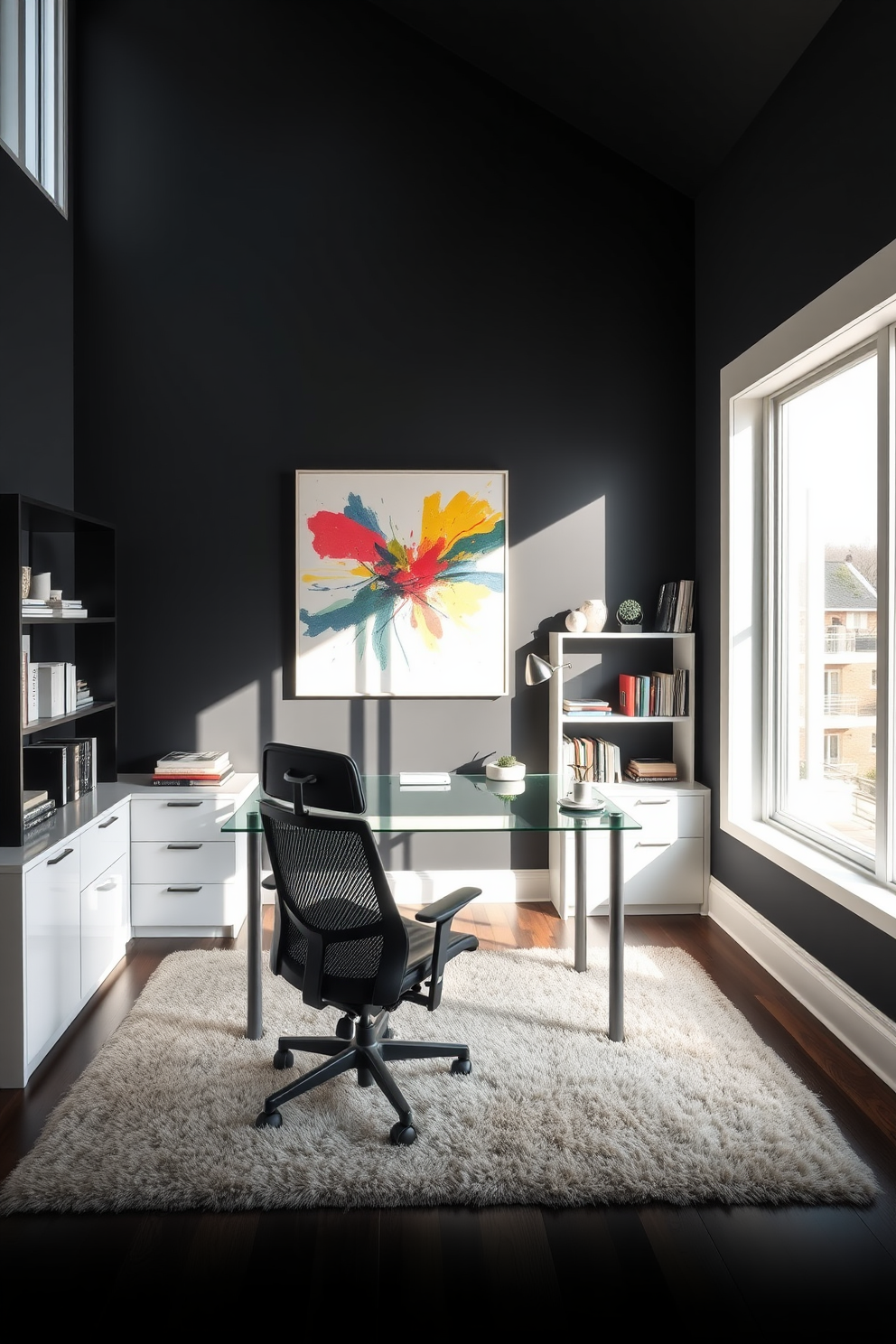 A bold black accent wall serves as the backdrop for a sleek home office. The room features a modern desk with a glass top and a stylish ergonomic chair, complemented by a colorful abstract art piece hanging on the wall. Natural light streams in through large windows, illuminating the space with a warm glow. A plush area rug anchors the room, while shelves filled with books and decorative items add personality and charm.