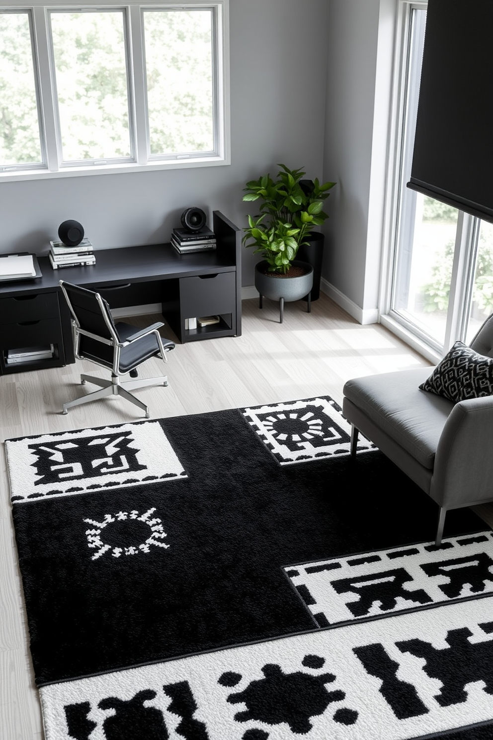 A striking black and white geometric rug anchors the room, featuring bold patterns that create a dynamic visual effect. The rug complements the surrounding furniture, enhancing the modern aesthetic of the space. The home office is designed with sleek black furniture, including a minimalist desk and ergonomic chair. Large windows allow natural light to flood the room, highlighting the elegant decor and creating a productive atmosphere.