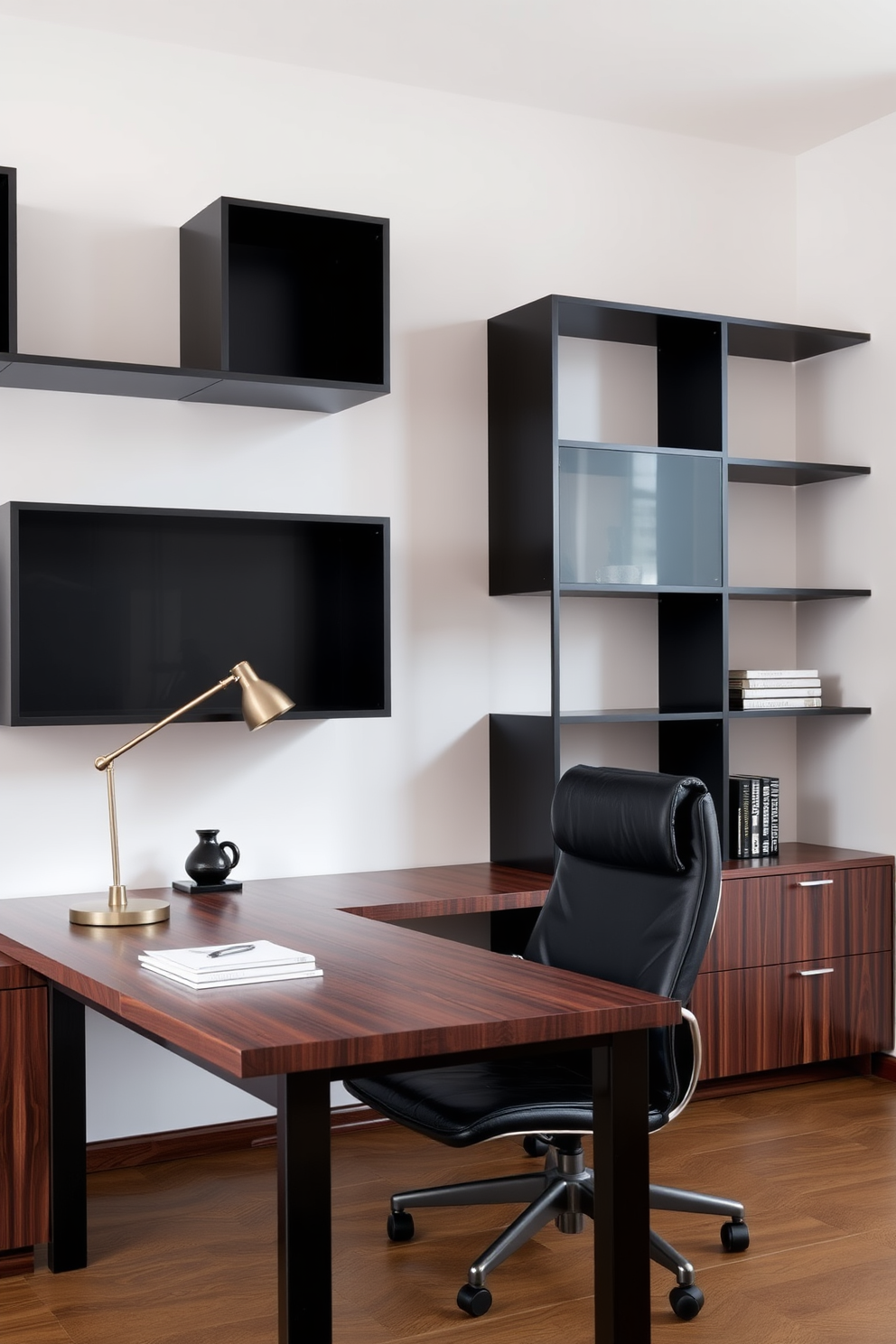 A dark wood desk is positioned against a wall adorned with sleek black shelving units. A black leather chair complements the desk, providing a modern and sophisticated seating option. The room is illuminated by a large window that allows natural light to flood in, enhancing the rich tones of the wood. Decorative elements such as a minimalist desk lamp and a few carefully arranged books add character to the space.