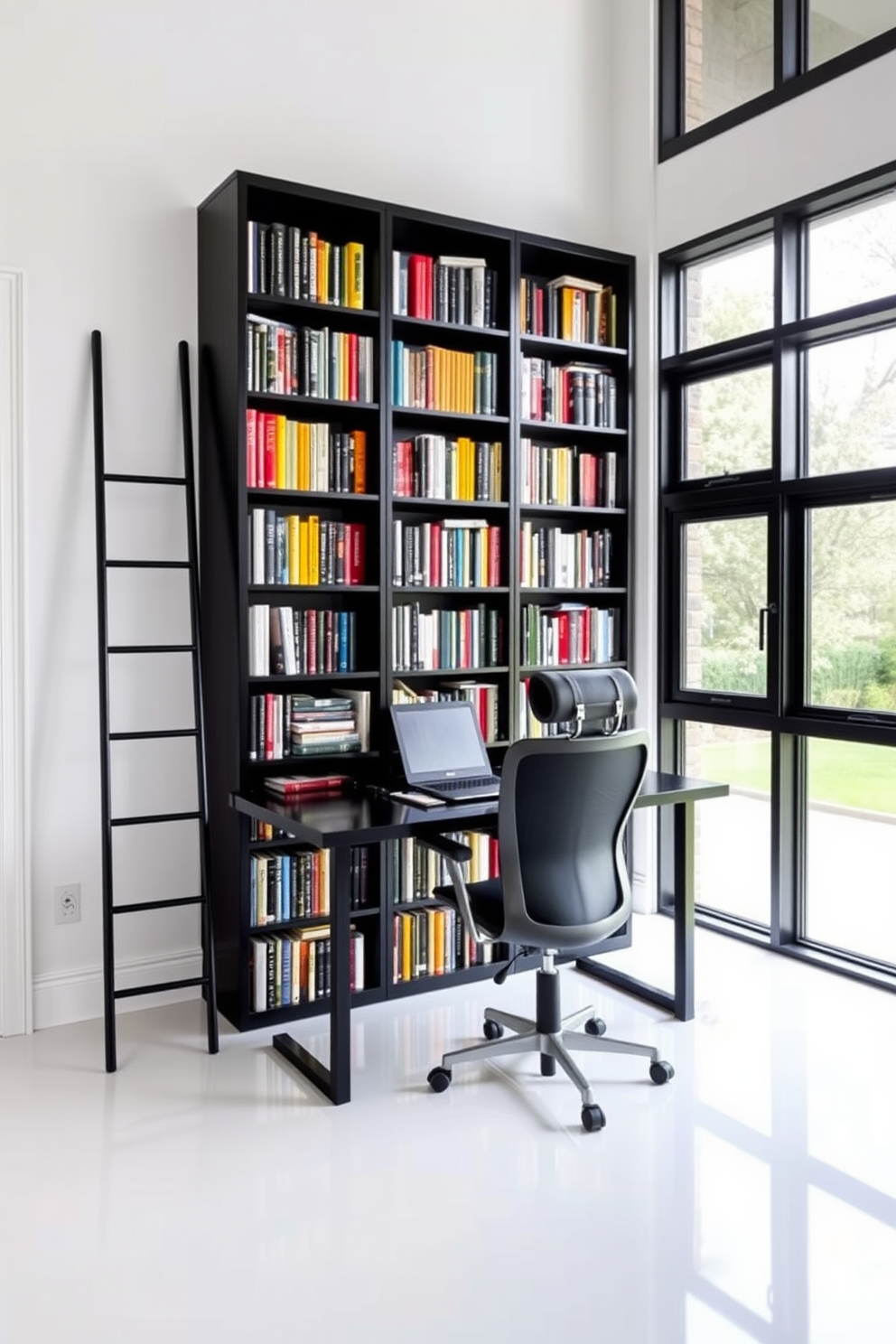 A chic black bookcase filled with colorful books stands against a white wall, showcasing a vibrant array of titles. A sleek ladder leans against the bookcase, providing easy access to the upper shelves while adding a stylish touch. The home office features a modern black desk paired with a comfortable ergonomic chair, creating an inviting workspace. Large windows allow natural light to flood the room, highlighting the elegant decor and creating a productive atmosphere.