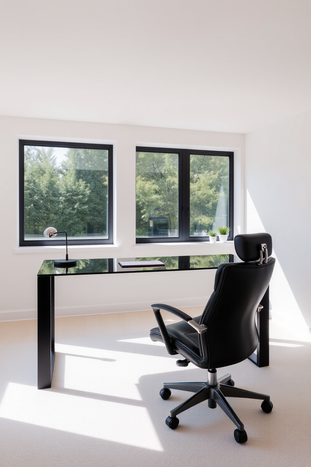 A sleek black desk with a glass top sits in the center of a modern home office. The walls are painted in a crisp white, enhancing the contemporary feel of the space. A comfortable ergonomic chair in black leather complements the desk. Large windows allow natural light to flood the room, illuminating the minimalist decor.