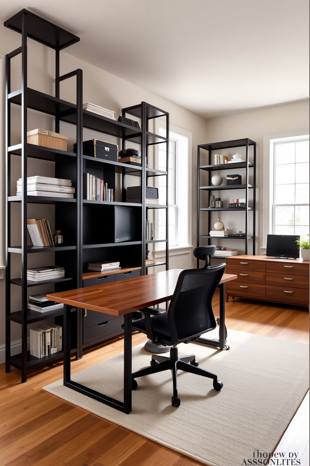 A sleek home office featuring industrial black metal shelving units that add a modern touch to the space. The room is filled with natural light, highlighting a large wooden desk paired with an ergonomic chair, creating a functional yet stylish work environment.