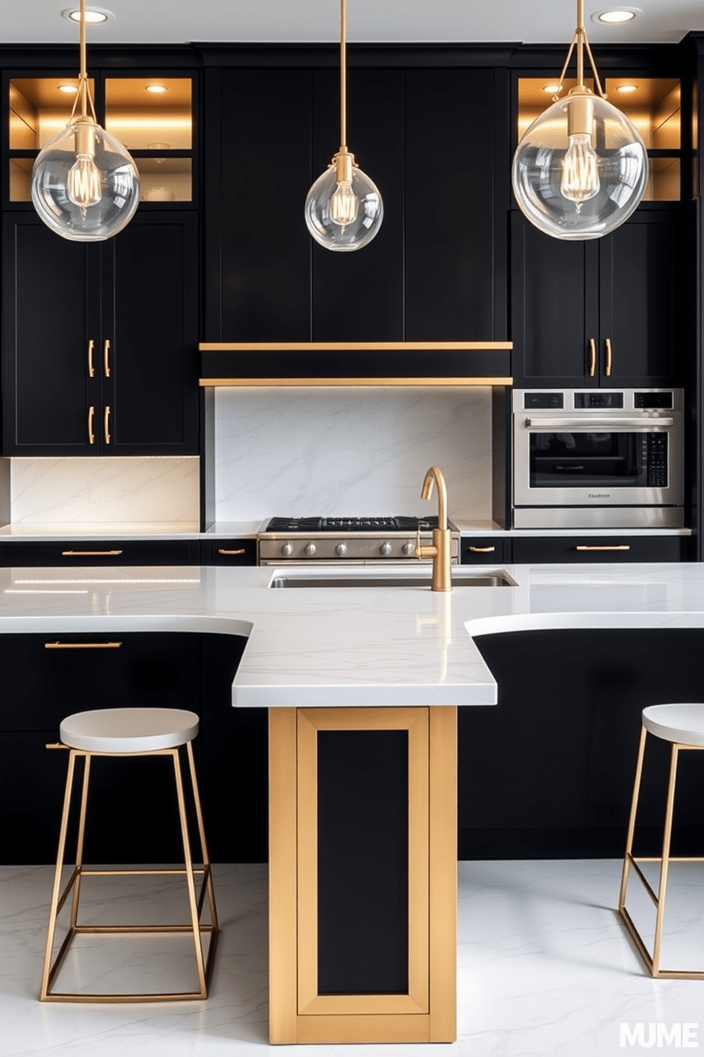 A sleek black kitchen featuring modern cabinetry with elegant gold accents. The cabinetry is complemented by a striking white marble countertop and a stylish backsplash that adds texture and depth to the space. The kitchen island is spacious and serves as a focal point, with bar stools that provide a chic seating area. Ambient lighting fixtures hang above, creating a warm and inviting atmosphere perfect for entertaining.