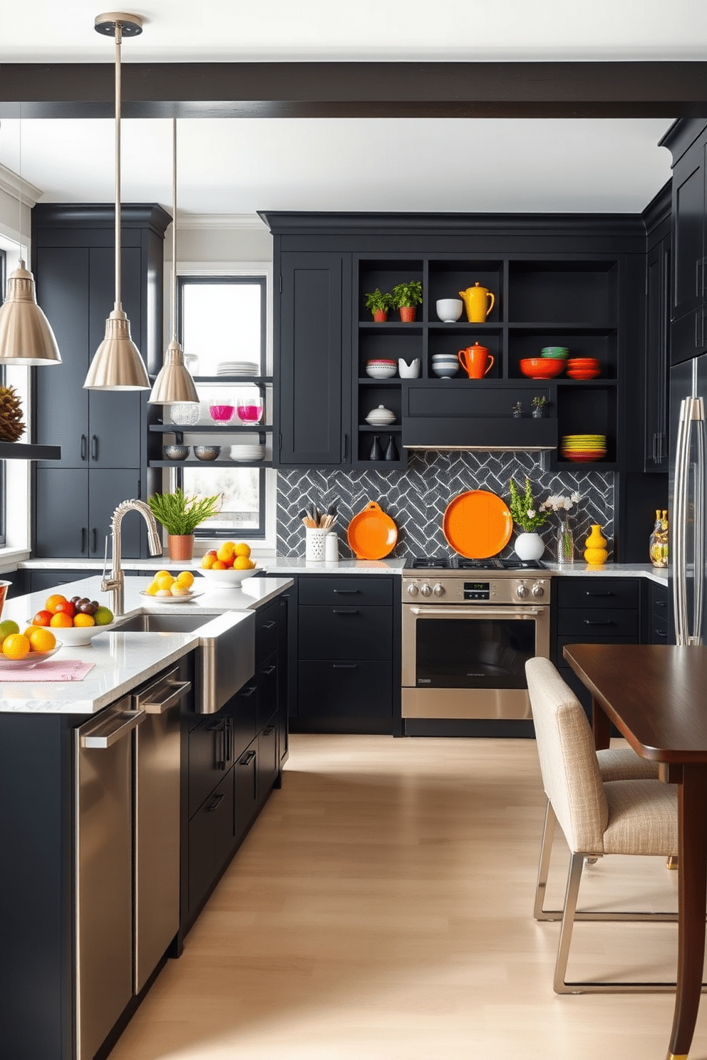 A modern kitchen featuring bold black cabinetry that creates a striking contrast against bright and colorful decor. The space includes a large island with bar seating, adorned with vibrant fruit and decorative kitchenware. Sleek stainless steel appliances complement the dark cabinetry, while open shelving displays an array of colorful dishes and plants. Pendant lights hang above the island, adding warmth and style to the overall design.