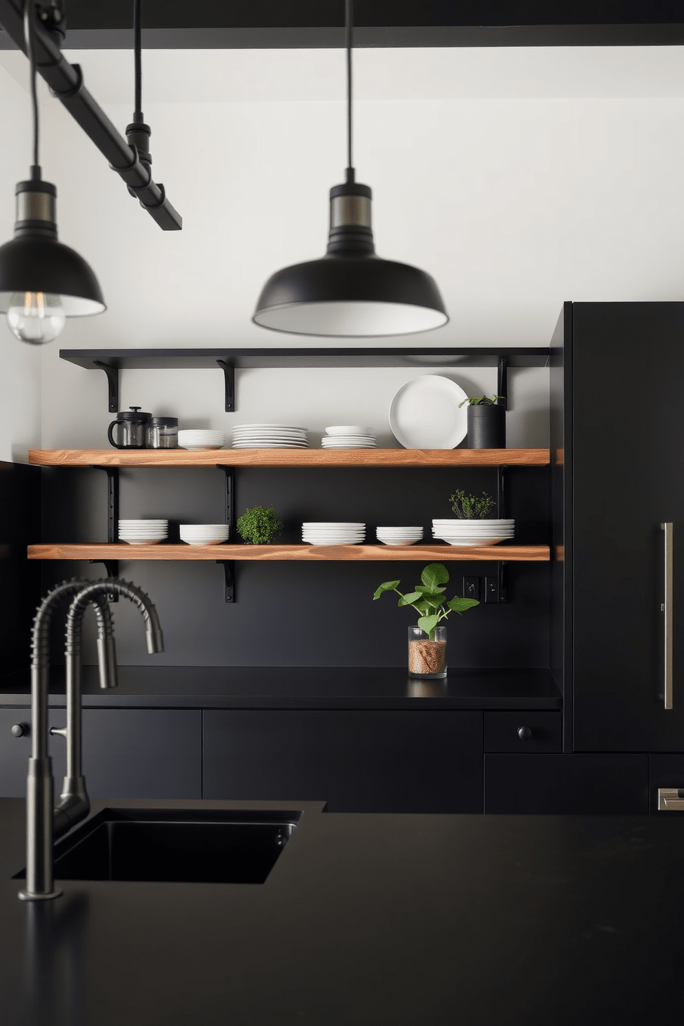 A sleek black kitchen featuring industrial black metal fixtures and lighting. The cabinetry is matte black with open shelving made of reclaimed wood, showcasing stylish dishware and plants.