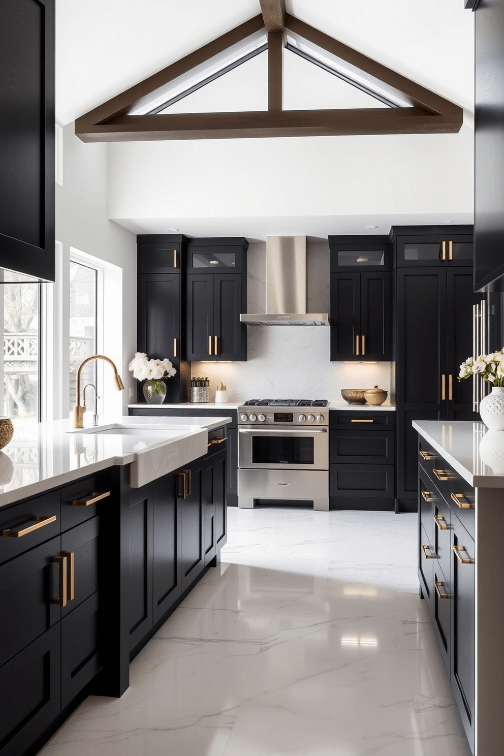 A modern kitchen featuring sleek black cabinetry with brass hardware that adds a touch of elegance. The countertops are a stunning white quartz, providing a striking contrast to the dark cabinetry. The kitchen island is spacious and topped with a waterfall edge, complemented by stylish bar stools. Large windows allow natural light to flood the space, highlighting the rich textures and finishes throughout.