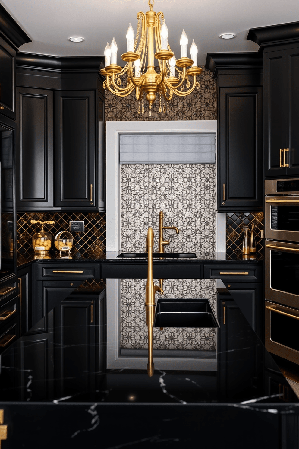 An elegant black kitchen features sleek cabinetry with gold hardware that adds a touch of luxury. The countertops are a polished black granite, and a statement gold chandelier hangs above the central island, creating a focal point in the space. The backsplash is adorned with intricate black and gold tiles, complementing the overall color scheme. To enhance functionality, high-end appliances in stainless steel are seamlessly integrated, providing a modern touch to this sophisticated design.