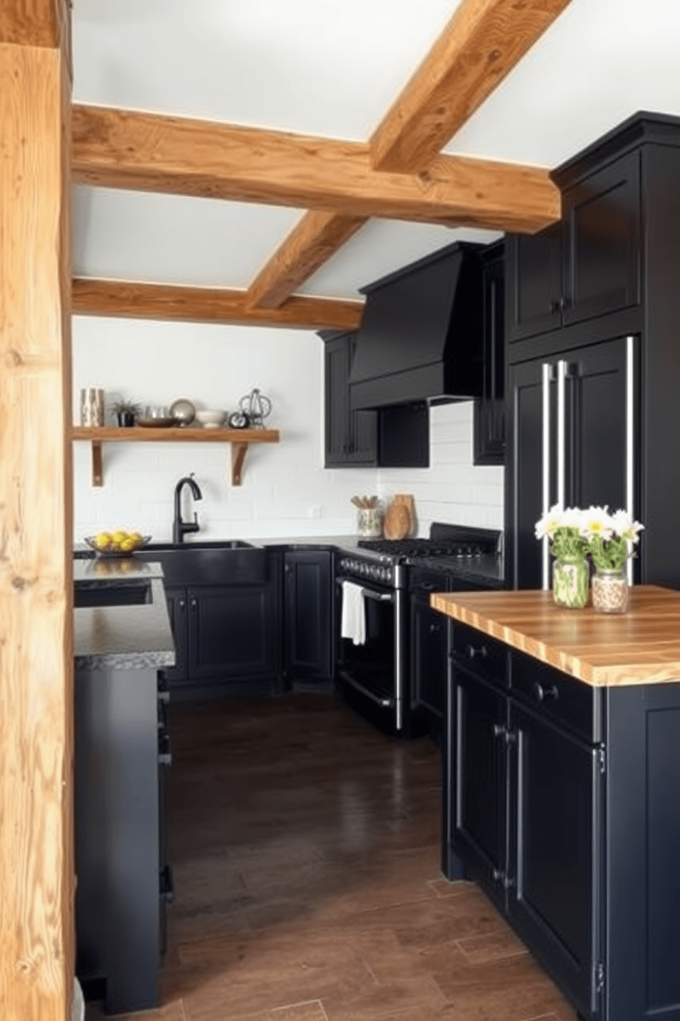 A rustic black kitchen features exposed wooden beams that add warmth and character to the space. The black cabinetry contrasts beautifully with the natural wood accents, creating a striking visual appeal.