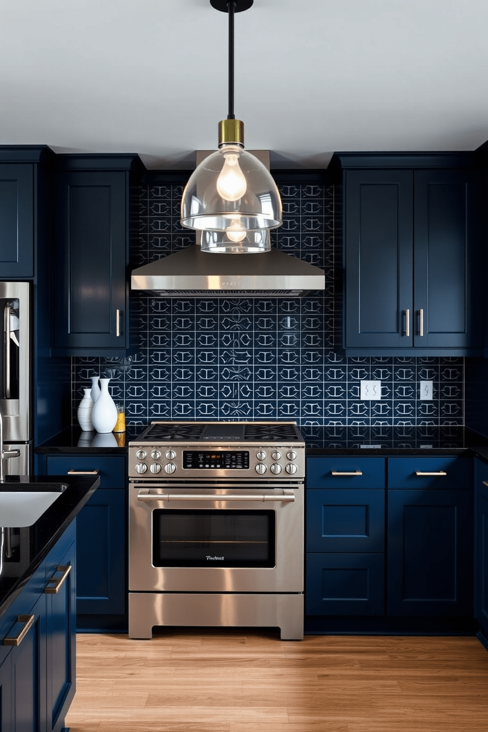 A striking black kitchen features navy blue cabinetry that contrasts beautifully with sleek black countertops. The space is illuminated by modern pendant lights, creating an elegant ambiance that enhances the rich color palette. The backsplash is adorned with intricate navy tiles, adding depth and texture to the overall design. Stainless steel appliances provide a contemporary touch, seamlessly integrating with the bold color scheme.