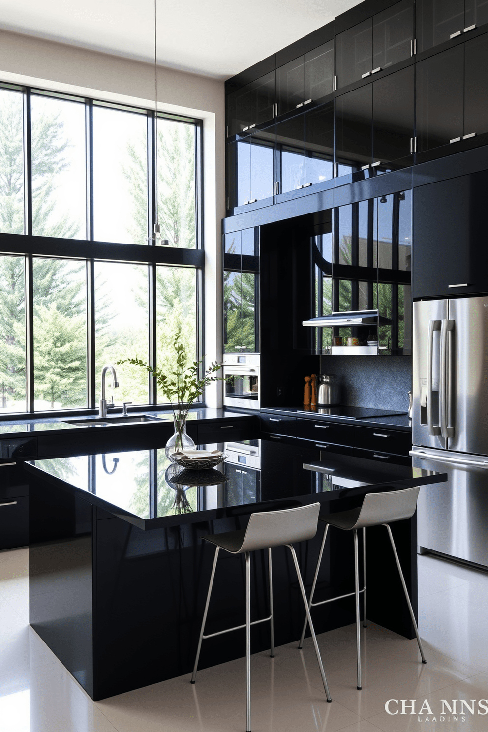 A contemporary black kitchen featuring sleek cabinetry with glass accents. The island showcases a polished black countertop, complemented by modern bar stools with metal legs. Large windows allow natural light to flood the space, highlighting the minimalist design. Stainless steel appliances seamlessly integrate into the black cabinetry, creating a cohesive look.