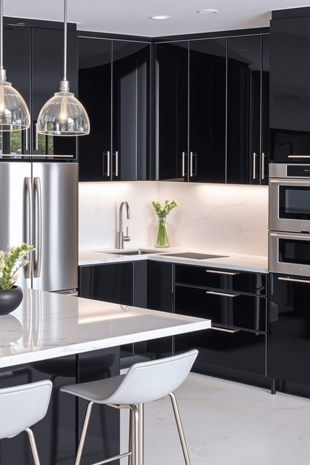 A modern kitchen featuring high-gloss black cabinets that reflect light beautifully. The sleek cabinetry is complemented by a white marble countertop and stainless steel appliances, creating a striking contrast. The kitchen island is central to the design, with bar stools that invite casual dining. Pendant lights hang above the island, adding warmth and style to the overall aesthetic.