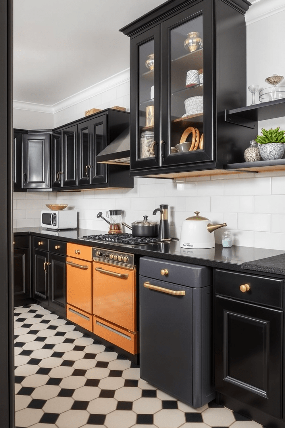 A stylish kitchen featuring vintage black cabinets paired with retro appliances. The cabinets are adorned with brass handles, and a classic checkerboard floor complements the design.