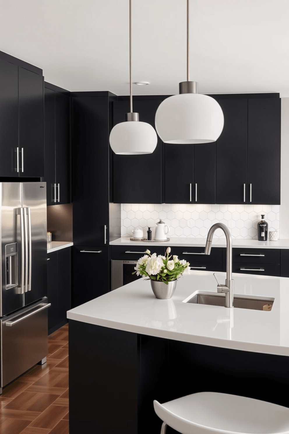 A modern kitchen featuring matte black cabinets paired with sleek white countertops creates a striking contrast. The space is illuminated by pendant lights hanging above an island, enhancing the contemporary aesthetic. The backsplash is adorned with geometric tiles, adding visual interest to the overall design. A stainless steel refrigerator and minimalist appliances complement the black and white theme, contributing to a cohesive look.