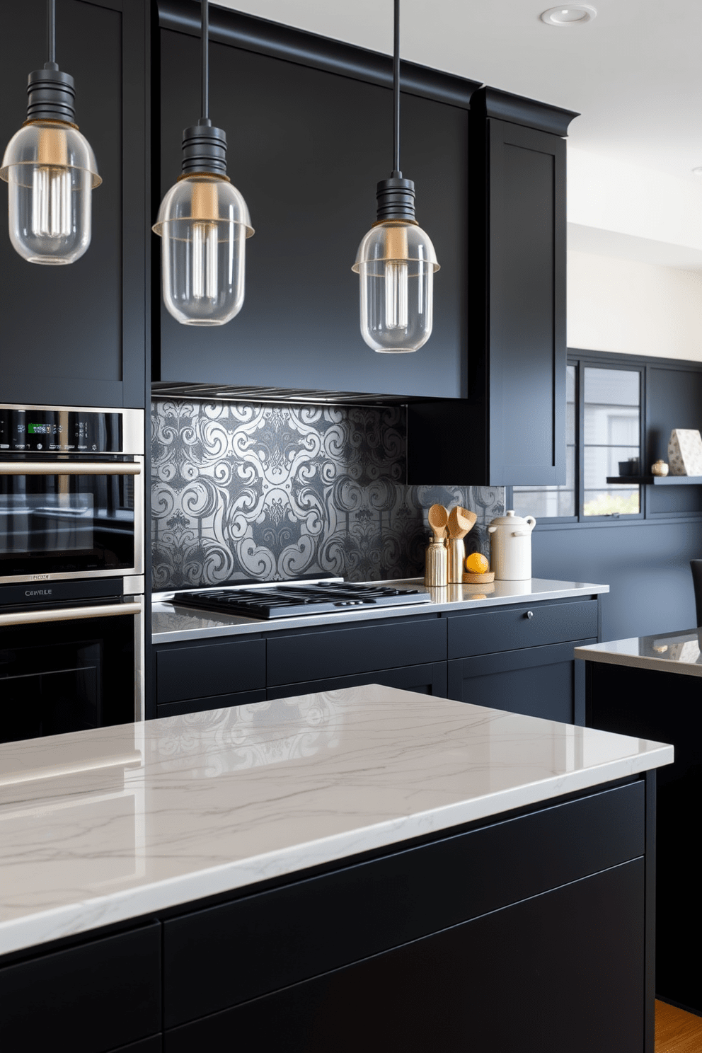 A striking black backsplash features intricate designs that enhance the elegance of the kitchen. The overall design is modern and sleek, with high-end appliances seamlessly integrated into the cabinetry. The cabinetry is a deep matte black, creating a bold contrast with the intricate backsplash. Stylish pendant lights hang above the island, providing both functionality and a touch of sophistication.