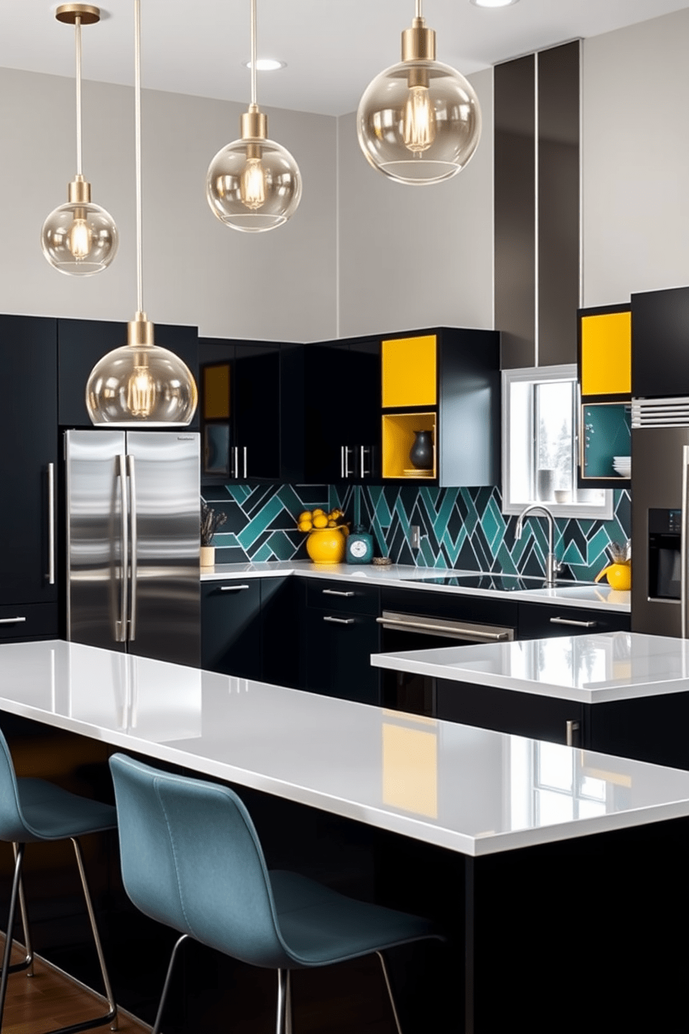 A modern black kitchen featuring sleek cabinetry and bright accent colors such as vibrant yellow and deep teal. The countertops are made of polished white quartz, and stylish pendant lights hang above a spacious island with bar seating. The backsplash is a striking geometric pattern in contrasting hues, adding visual interest to the overall design. Stainless steel appliances complement the dark cabinetry, creating a sophisticated yet inviting cooking space.