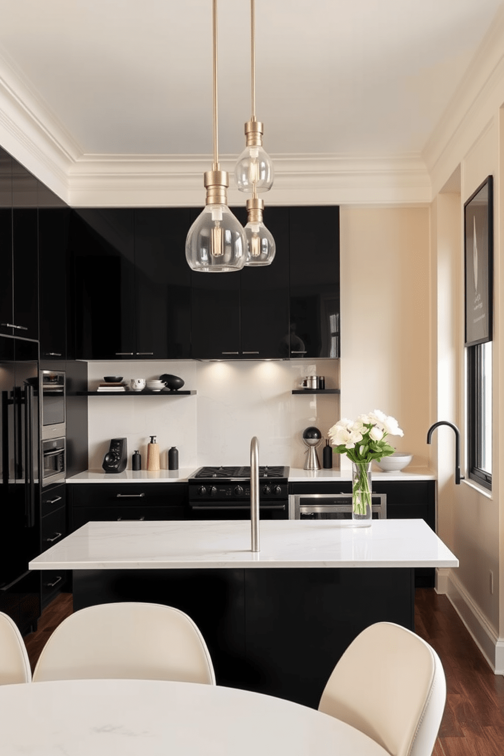 A sophisticated black and cream kitchen featuring sleek cabinetry and a large central island with a white marble countertop. The walls are painted in a soft cream color, creating a warm contrast with the black accents and appliances. Elegant pendant lights hang above the island, illuminating the space with a soft glow. The floor is adorned with dark hardwood, adding depth and richness to the overall design.