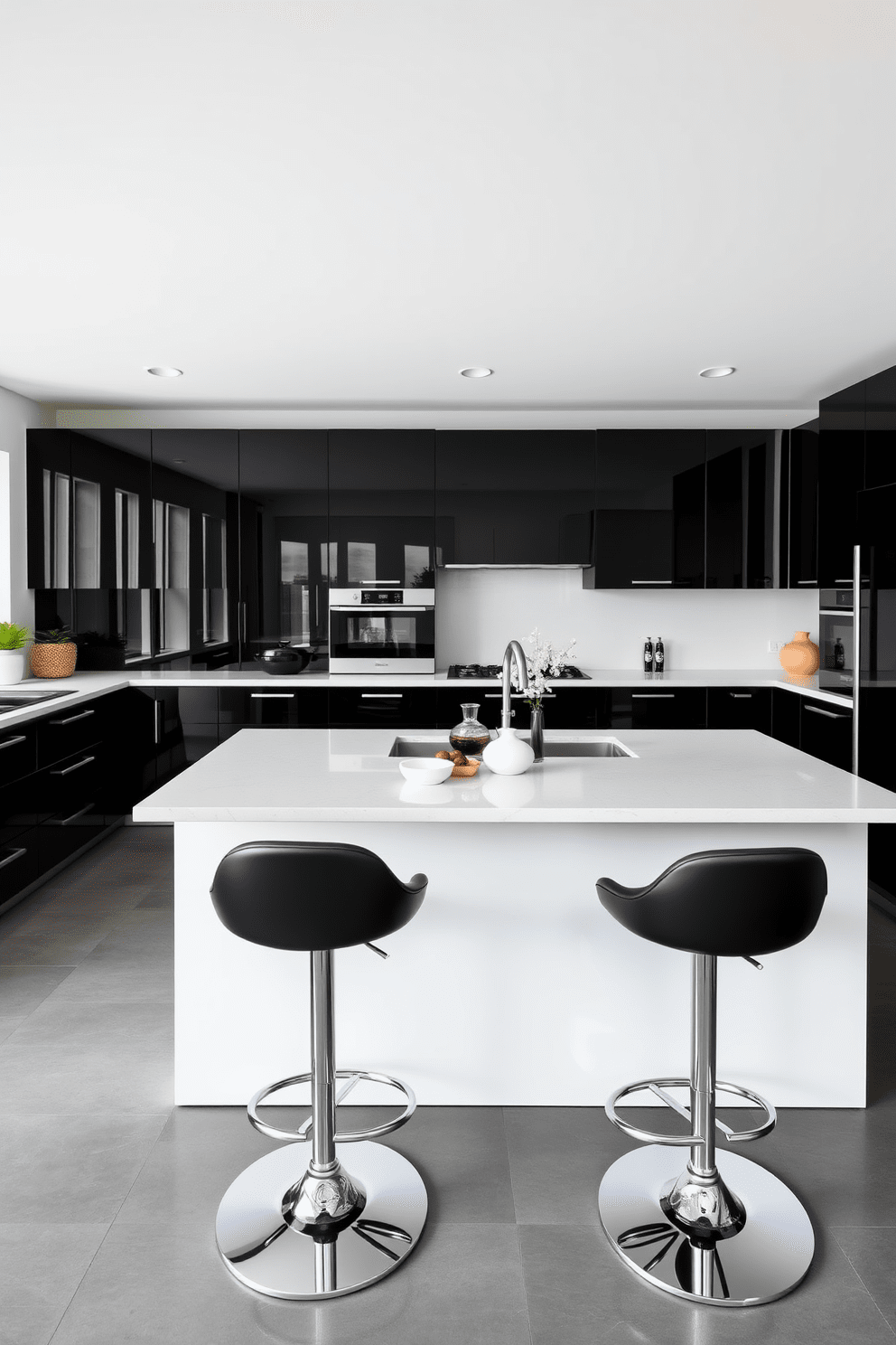 Chic black bar stools are positioned around a sleek kitchen island. The kitchen features a modern black design with glossy cabinets and high-end appliances.