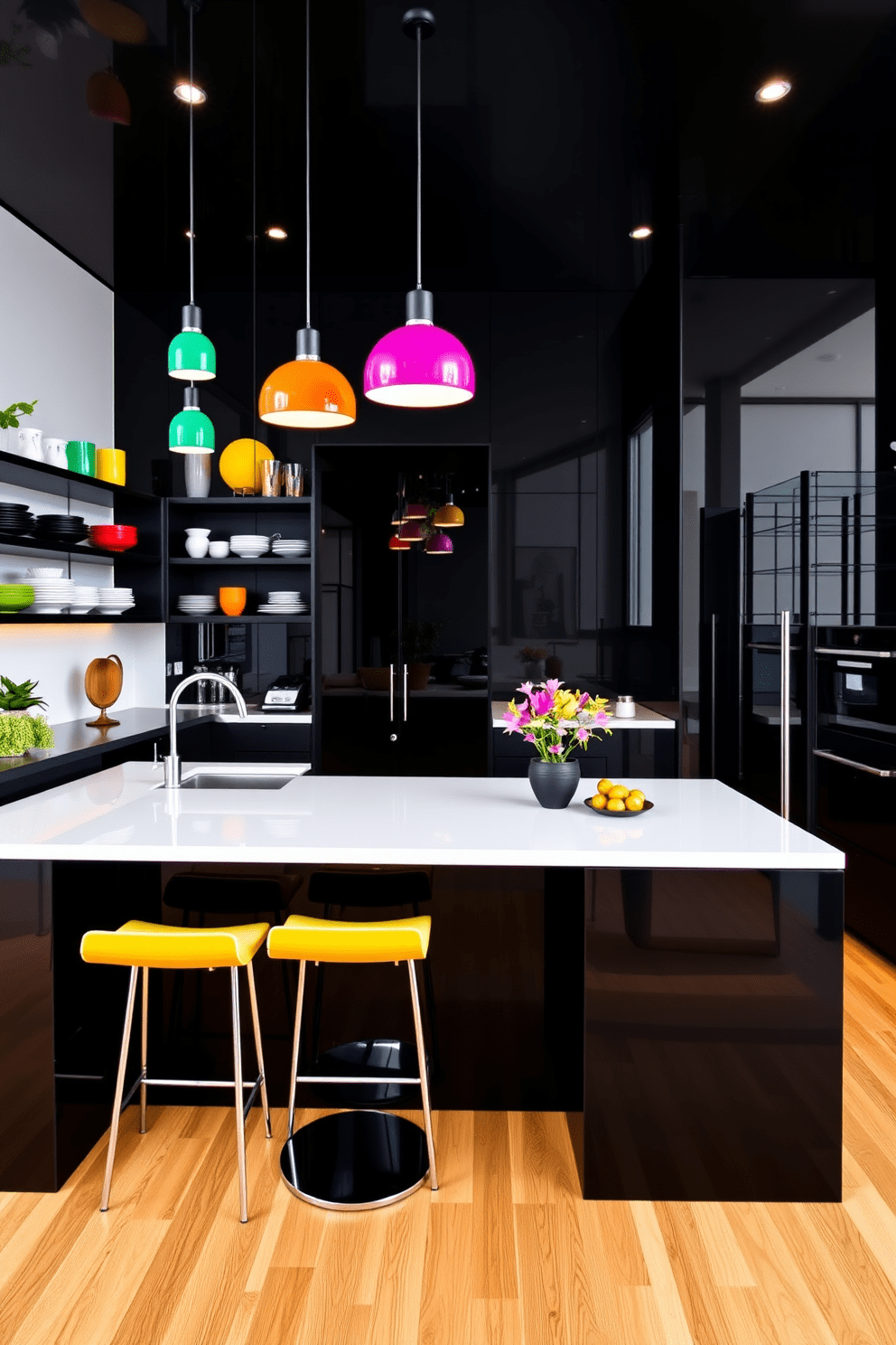 A sleek black kitchen featuring high-gloss cabinetry and a large central island with a contrasting white countertop. Colorful pendant lights hang above the island, casting a vibrant glow that highlights the modern appliances and stylish bar stools. The walls are adorned with open shelving displaying an array of colorful dishware and decorative plants. The flooring is a warm wood that adds depth and warmth to the contemporary black design.