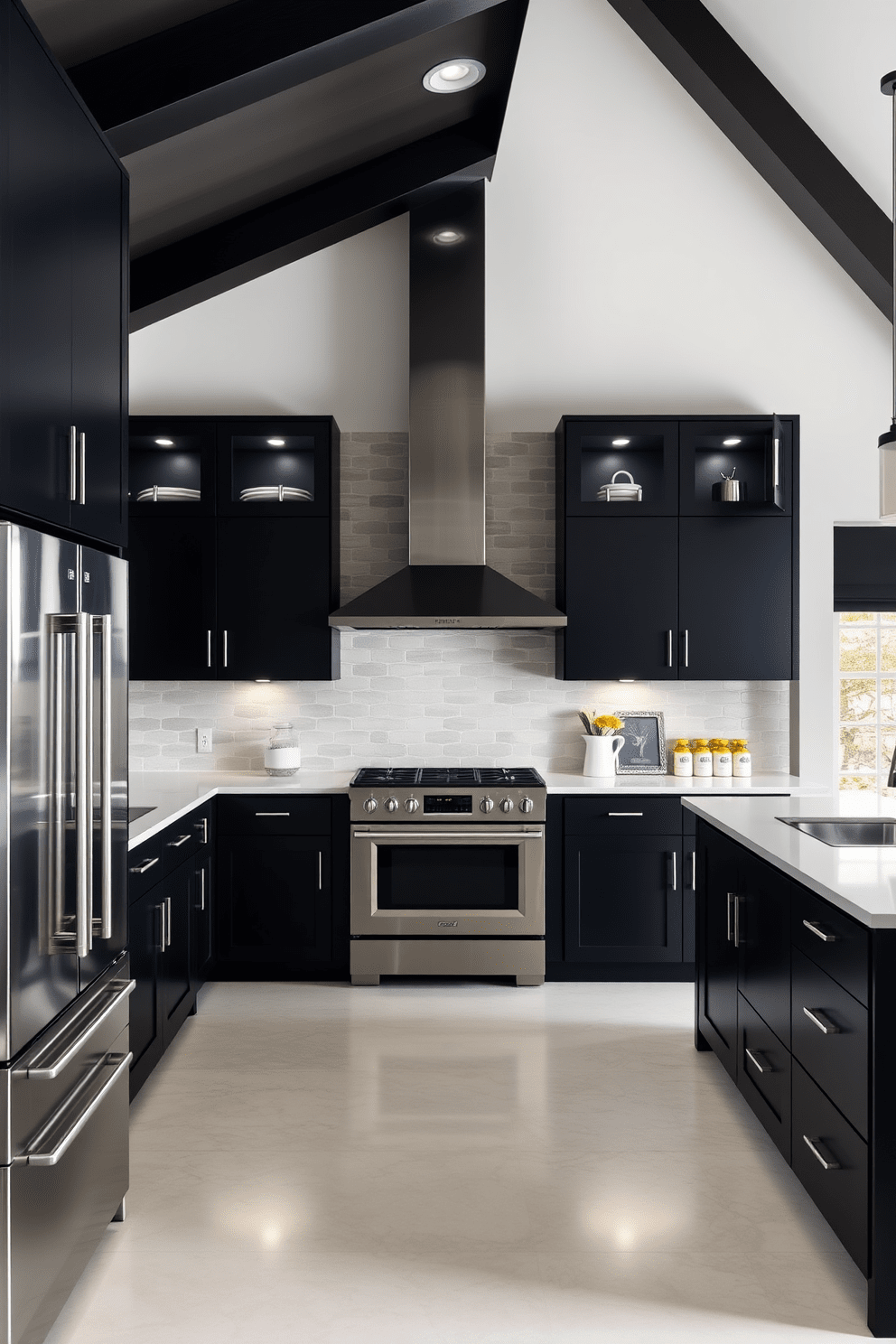 A sleek black kitchen design featuring bold black cabinetry with open spaces. The cabinetry is complemented by stainless steel appliances and a large island with a contrasting white countertop.