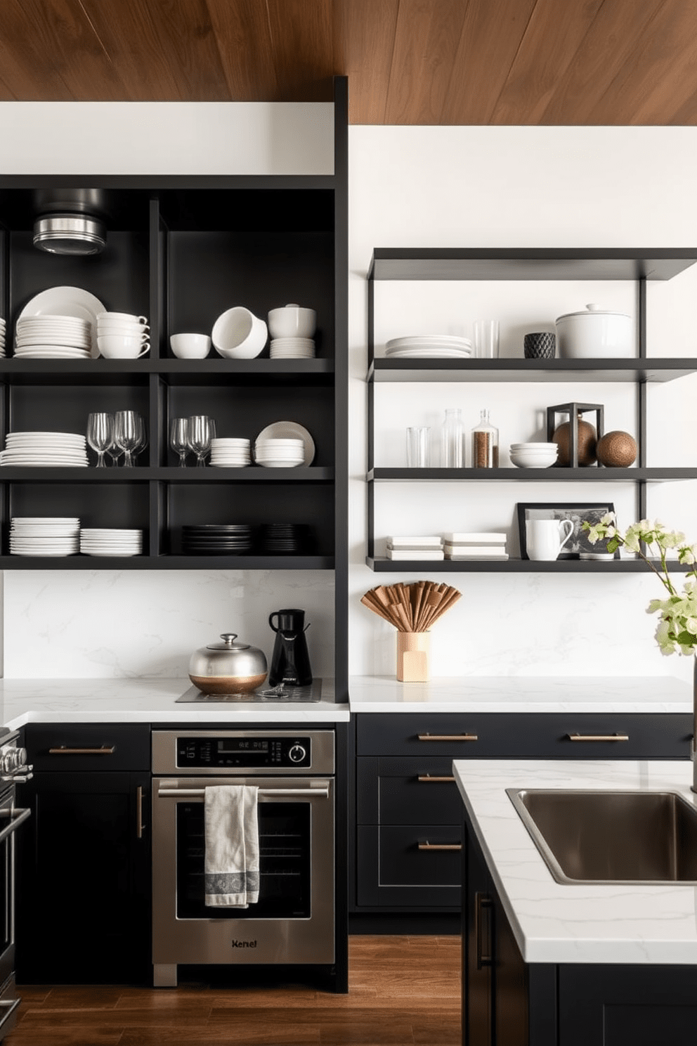 A modern kitchen featuring open shelving with black frames that showcases an array of stylish dishware and decorative items. The cabinetry is sleek and matte black, complemented by stainless steel appliances and a large island with a white marble countertop.