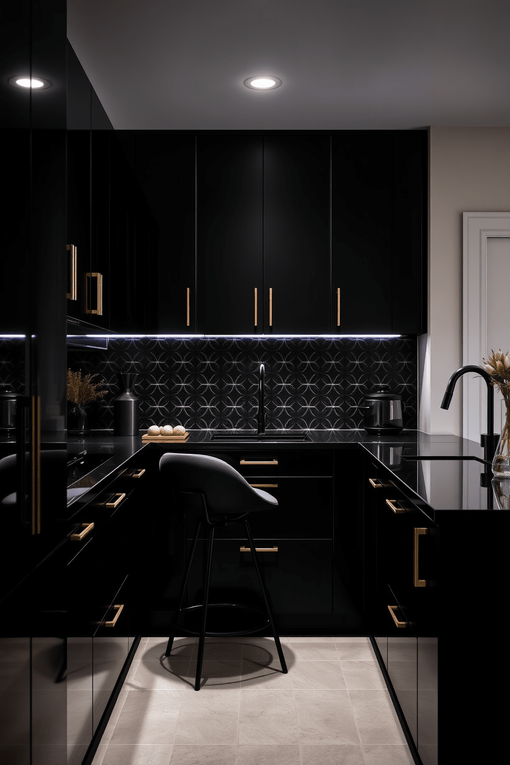 An elegant black kitchen features sleek cabinetry with a glossy finish and minimalist hardware. Soft lighting is strategically placed to highlight the countertops and create a warm ambiance. The kitchen island is adorned with stylish bar stools that complement the dark theme. A subtle backsplash with geometric patterns adds visual interest while maintaining the overall sophistication.