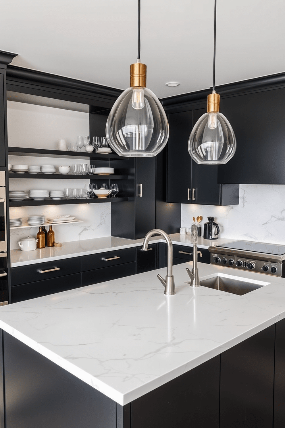 A sleek black kitchen island features a stunning white marble top that contrasts beautifully with the dark cabinetry surrounding it. The space is illuminated by modern pendant lights hanging above, creating an inviting atmosphere for cooking and entertaining. The kitchen showcases a harmonious blend of matte black finishes and polished chrome accents, enhancing the contemporary aesthetic. Open shelving displays elegant dishware, while a stylish backsplash adds a touch of sophistication to the overall design.