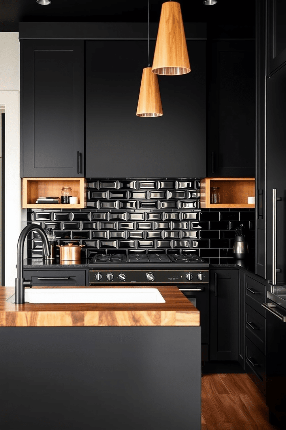 A striking black kitchen featuring sleek black cabinetry and warm wooden accents. The island showcases a rich wooden countertop that contrasts beautifully with the matte black cabinets. The backsplash is adorned with glossy black tiles, creating a cohesive look with the dark appliances. Pendant lights with wooden details hang above the island, adding warmth to the modern aesthetic.