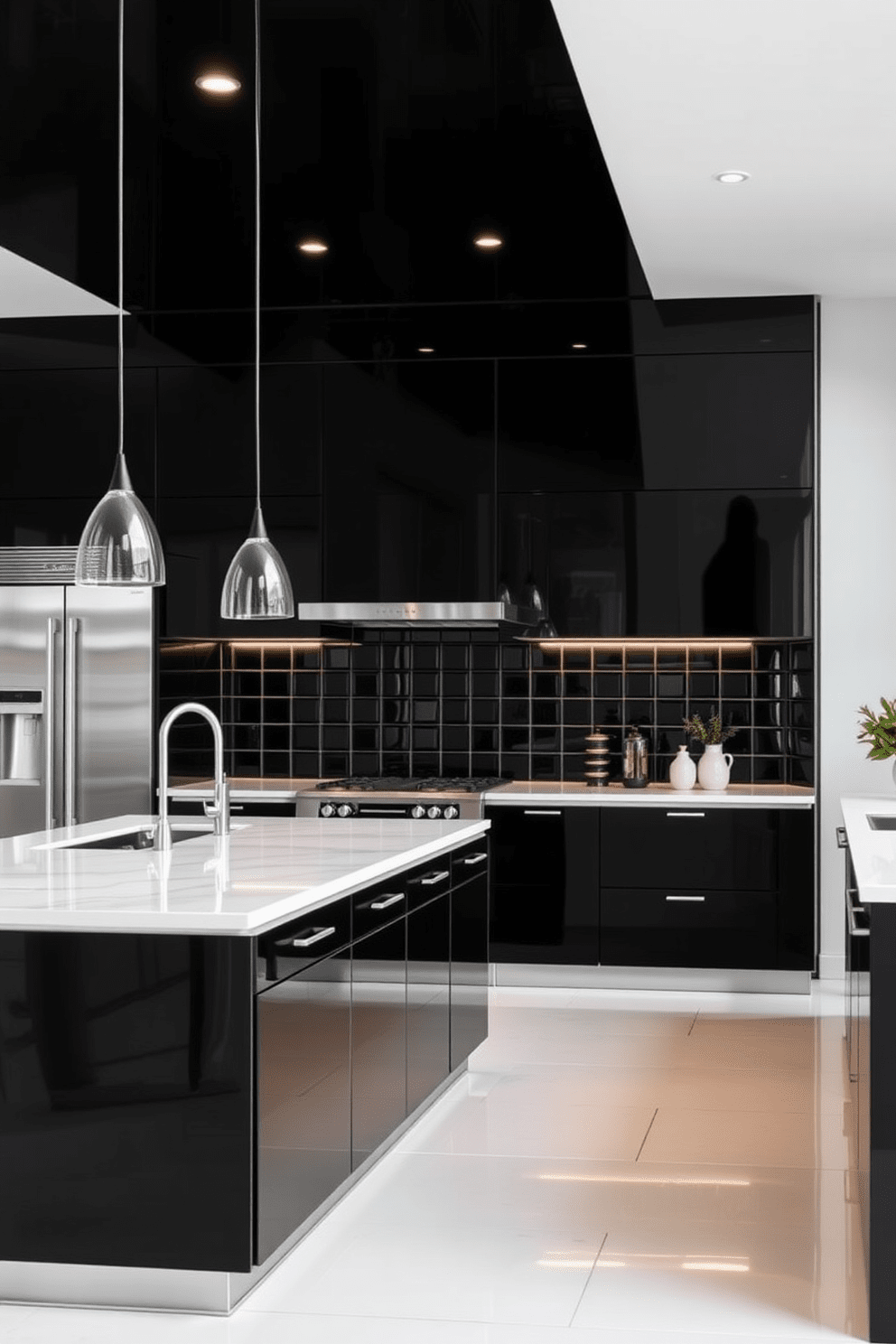 A sleek black kitchen featuring glossy black tiles that reflect light beautifully. The cabinetry is minimalist with clean lines, complemented by stainless steel appliances for a contemporary edge. A large kitchen island takes center stage, topped with a white quartz countertop that contrasts elegantly with the black tiles. Pendant lights hang above the island, adding warmth and style to the modern space.