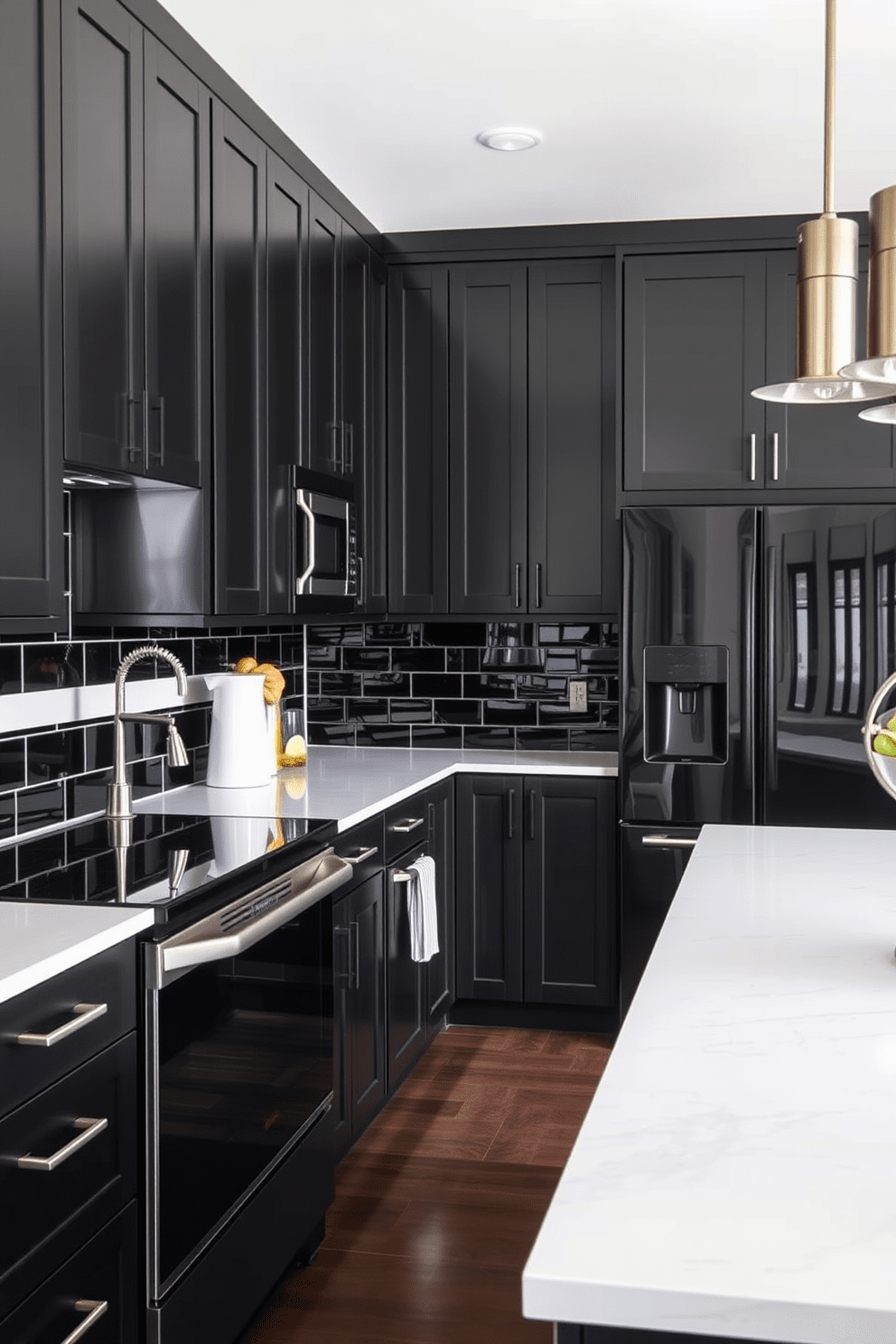 A modern kitchen featuring black appliances with stainless steel details. The cabinetry is sleek and matte black, complemented by a large island with a white quartz countertop. The backsplash consists of glossy black tiles that reflect light, enhancing the space's elegance. Pendant lights with a brushed nickel finish hang above the island, providing a warm glow for evening gatherings.