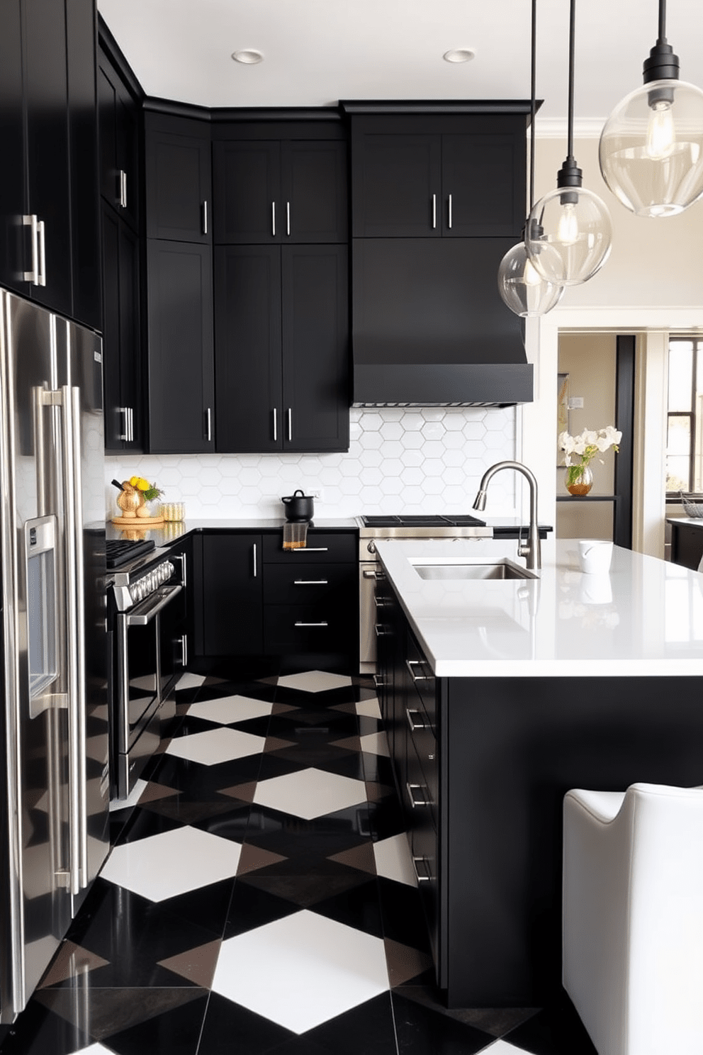 A modern kitchen featuring black and white checkerboard flooring that adds a bold contrast to the sleek design. The cabinetry is a deep matte black with minimalist hardware, complemented by stainless steel appliances and a large central island. Above the island, elegant pendant lights hang, casting a warm glow over the space. The countertops are a pristine white quartz, providing a striking balance to the dark elements in the kitchen.