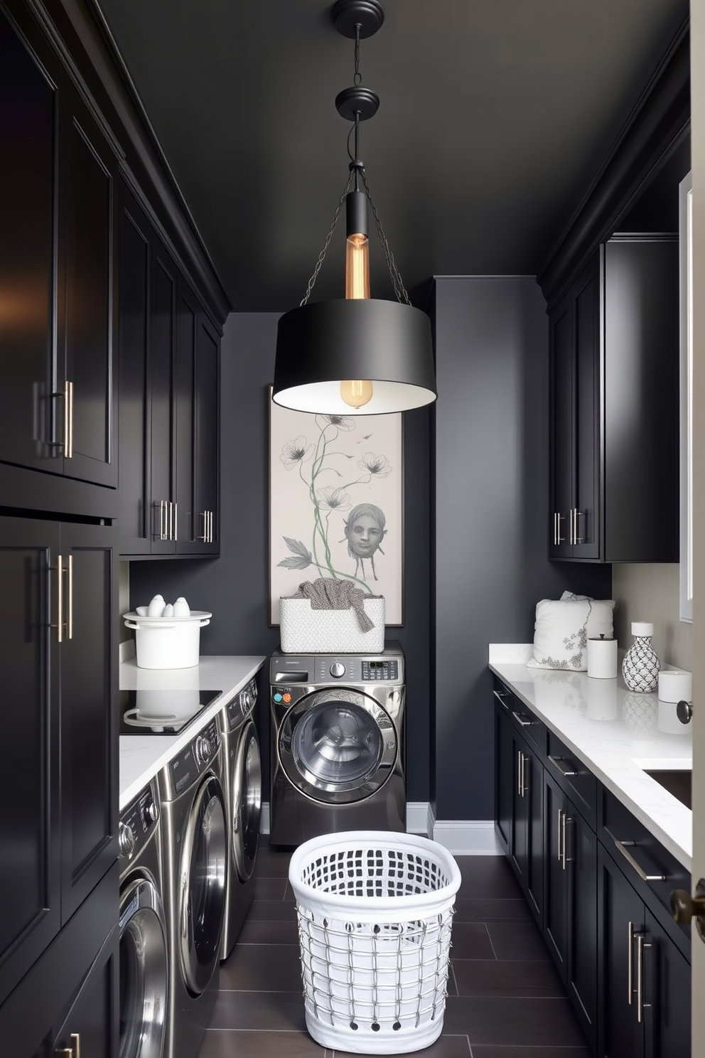 Elegant pendant lighting in black hangs gracefully from the ceiling, casting a warm glow over the sleek black cabinetry. The room features modern appliances seamlessly integrated into the design, complemented by a stylish countertop that offers ample workspace. The walls are painted in a deep charcoal hue, creating a striking backdrop for the white accents throughout the space. A chic laundry basket and decorative storage solutions add both functionality and flair to this sophisticated laundry room.