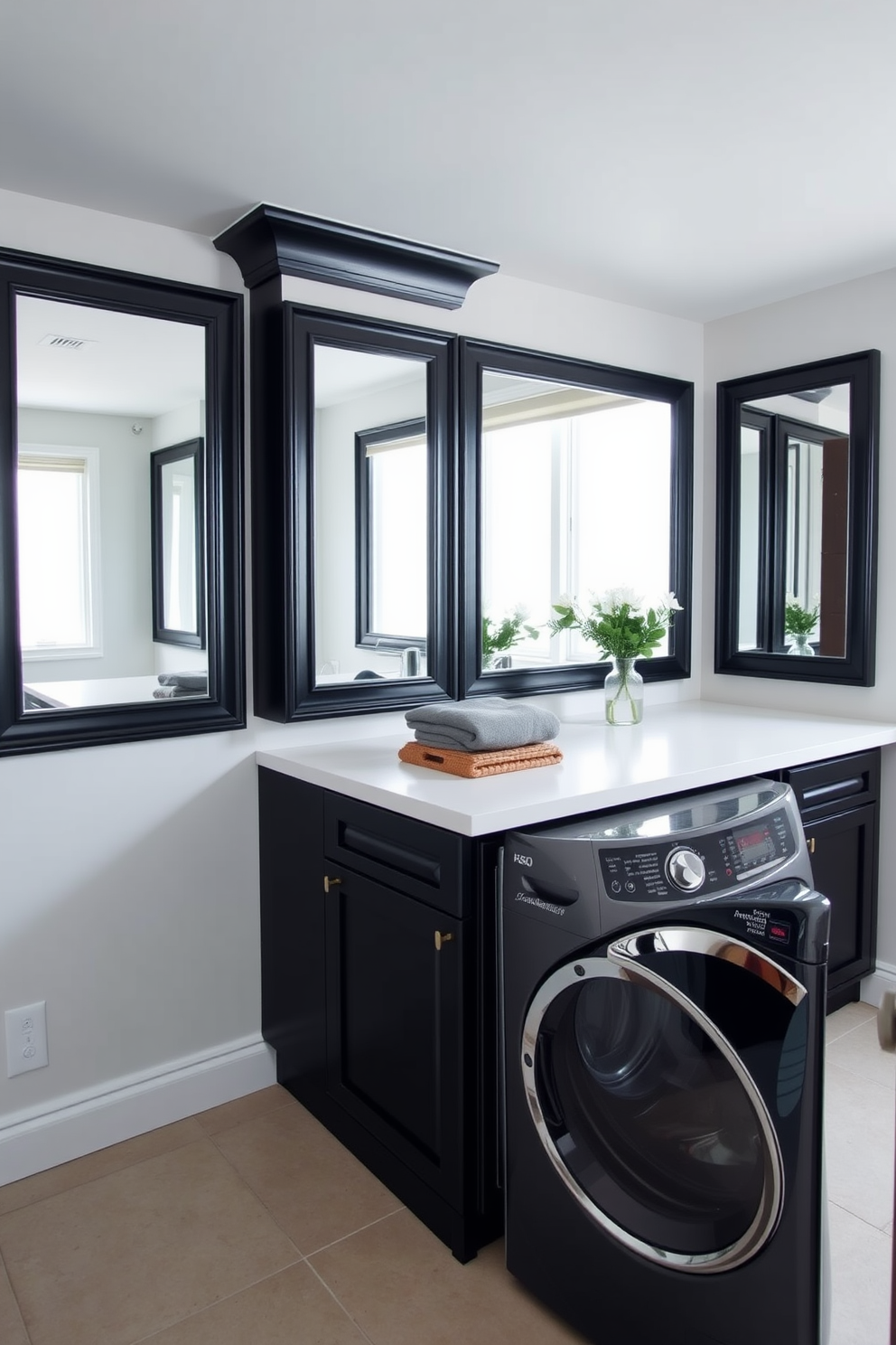 A stylish black laundry room featuring black framed mirrors that enhance the overall aesthetic. The space includes sleek black cabinets, a large white countertop for folding clothes, and a modern washer and dryer set.