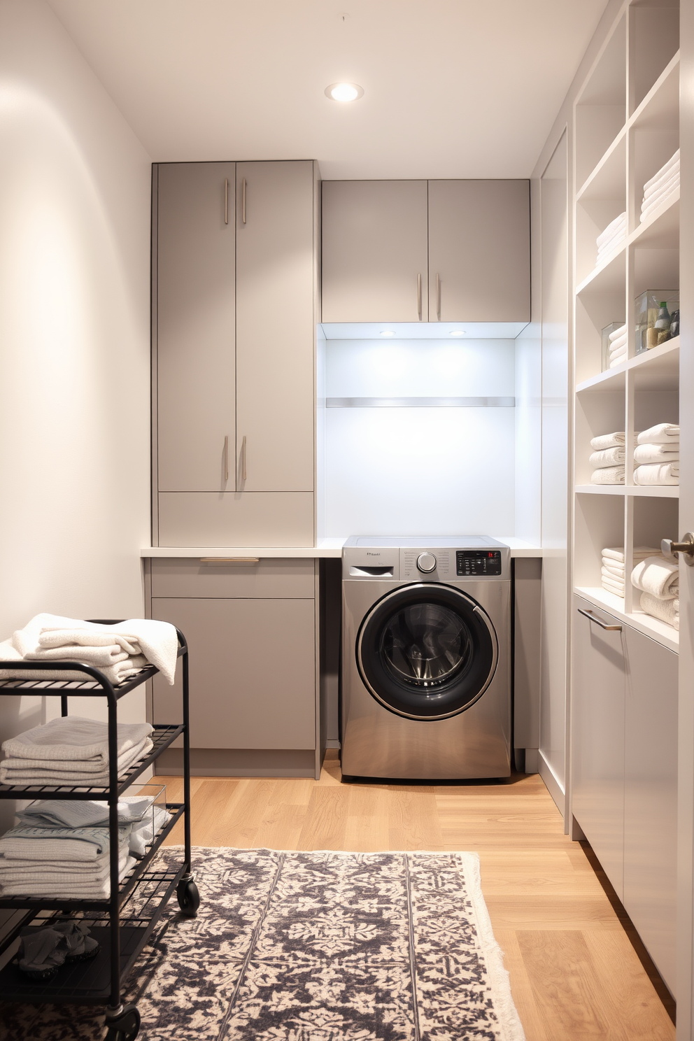 A stylish laundry cart in black metal stands against the wall in a modern laundry room. The space features sleek cabinetry with a matte finish and a countertop for folding clothes, illuminated by soft recessed lighting. The walls are painted in a crisp white, creating a bright and airy atmosphere. A patterned rug adds a touch of warmth, while organized shelves display neatly folded towels and laundry essentials.