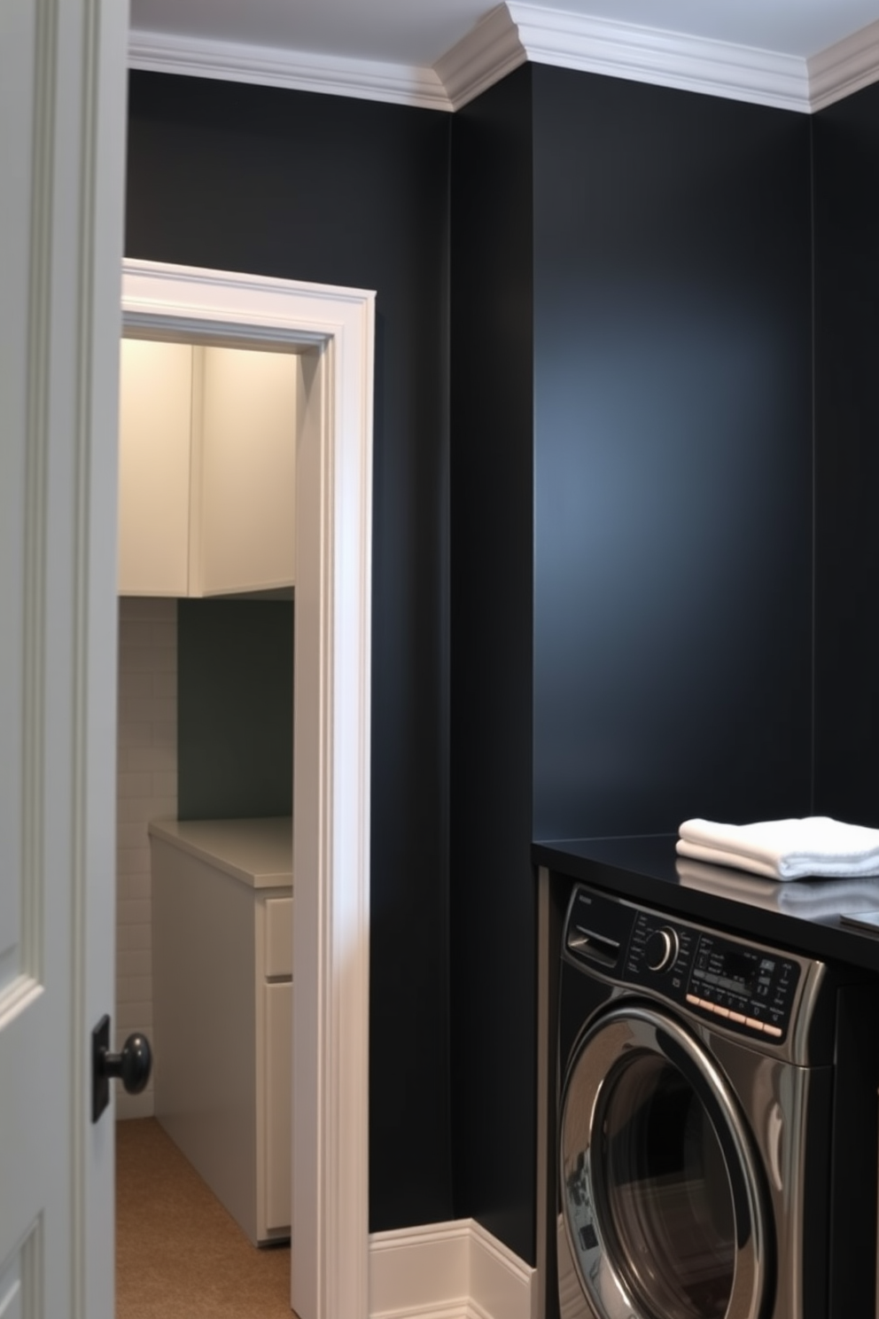 A sleek black laundry room featuring crisp white trim that contrasts beautifully with the dark walls. The space includes modern appliances with a minimalist design, and a stylish countertop for folding clothes.