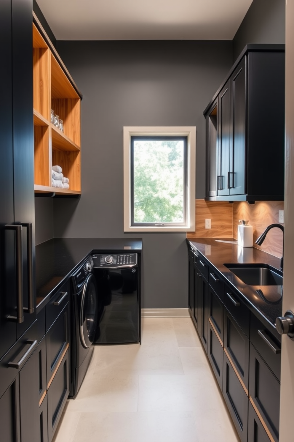 A stylish laundry room featuring a combination of black cabinetry and warm wooden accents. The sleek black countertops provide a modern touch, while the wooden shelves add warmth and texture to the space. The room includes a spacious black washing machine and dryer, seamlessly integrated into the cabinetry. A large window allows natural light to flood the area, highlighting the contrast between the dark elements and the warm wood tones.