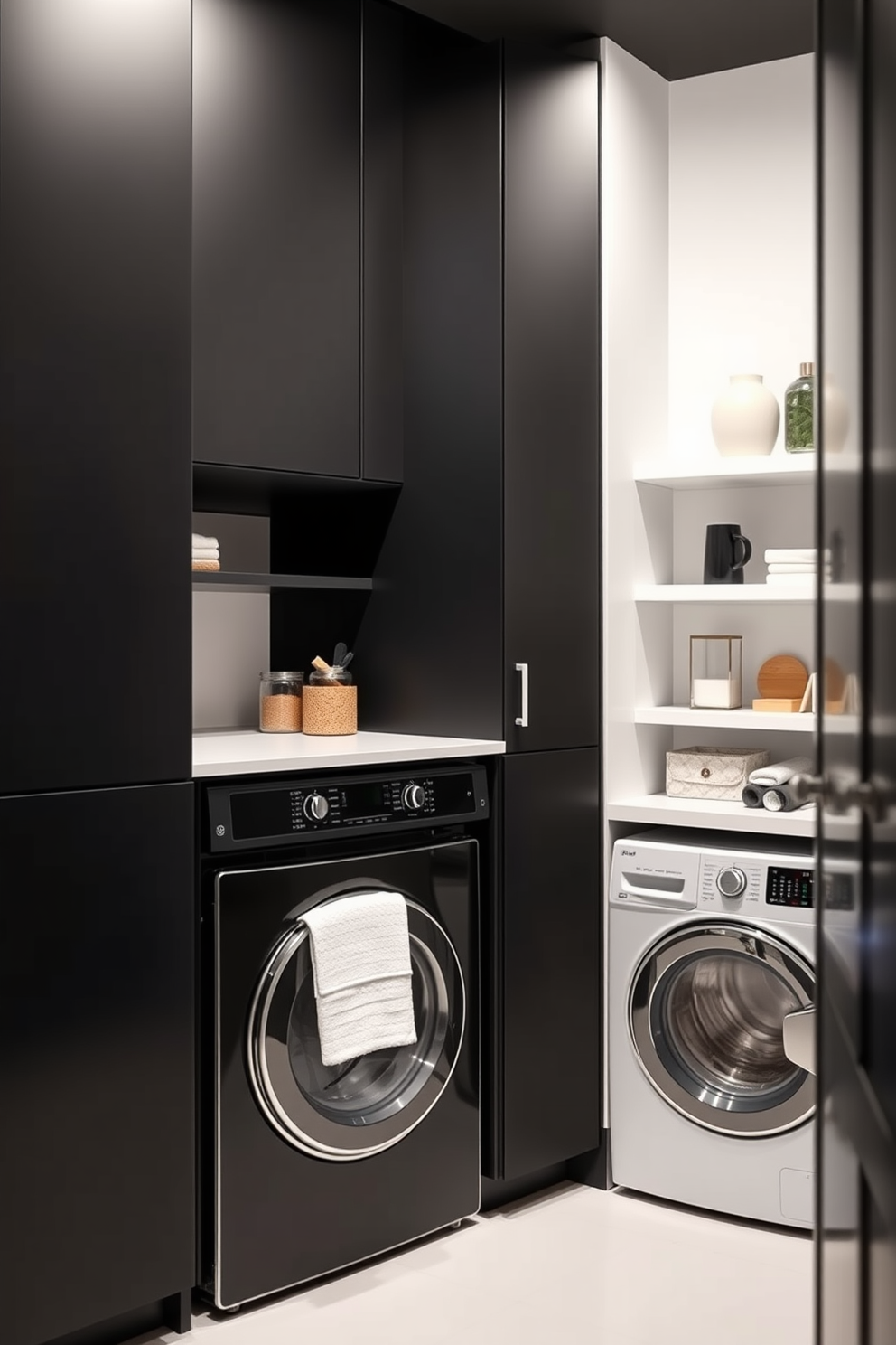 A sleek laundry room design featuring hidden appliances seamlessly integrated behind matte black cabinet doors. The space is accented with minimalist shelving that showcases neatly organized laundry essentials and decorative items.