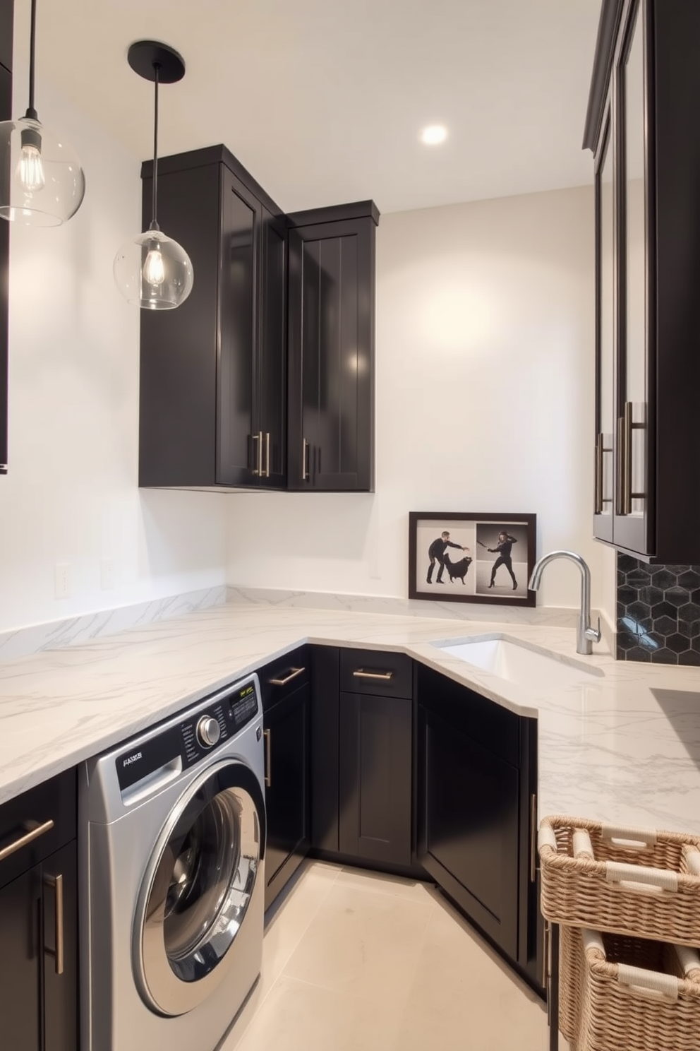 A modern laundry room featuring sleek black cabinetry and a stunning marble countertop. The space is illuminated by pendant lights, and a stylish washer and dryer are seamlessly integrated into the design. The walls are painted in a soft white to contrast with the dark cabinetry. A large utility sink sits next to the countertop, adorned with decorative storage baskets for organization.