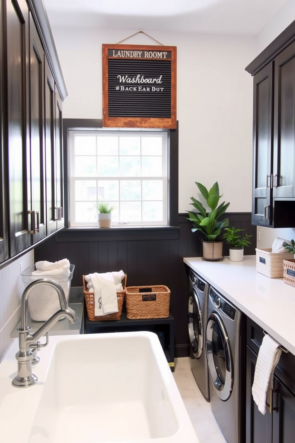 A vintage black washboard decor piece hangs on the wall, adding a rustic touch to the laundry room. The space features dark cabinetry and sleek countertops, creating a stylish contrast with the vintage accent. A large farmhouse sink sits beneath a window, providing natural light and a functional workspace. Decorative baskets and plants are strategically placed to enhance the room's charm and organization.