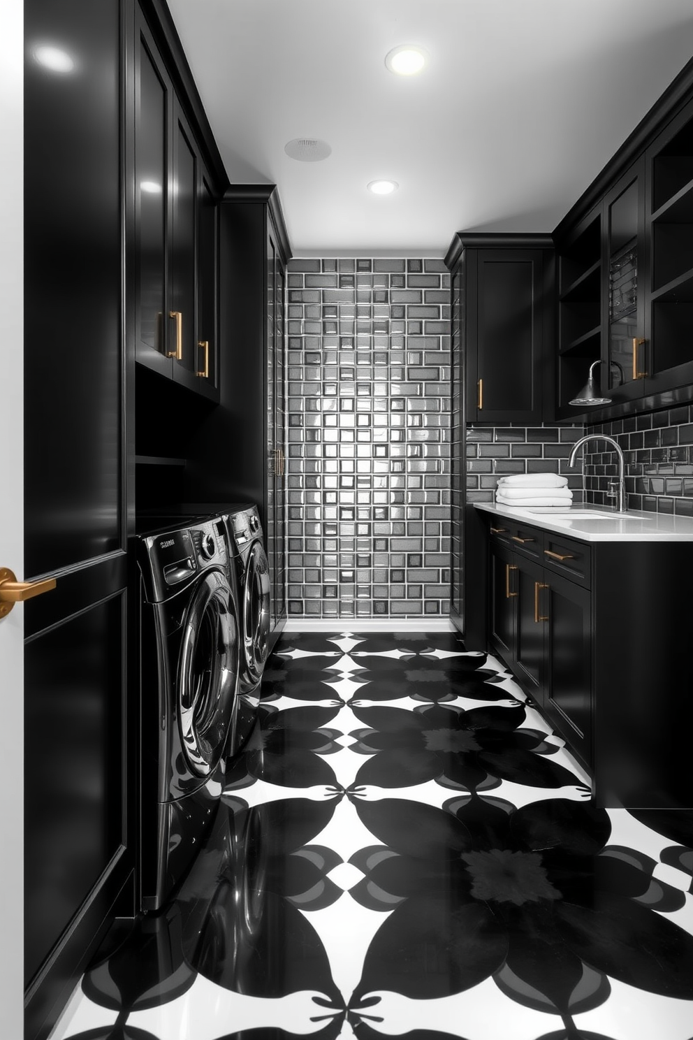 A sleek black laundry room featuring monochrome patterned tile flooring that creates a striking visual effect. The room includes modern black cabinetry with gold hardware and a spacious countertop for folding clothes.