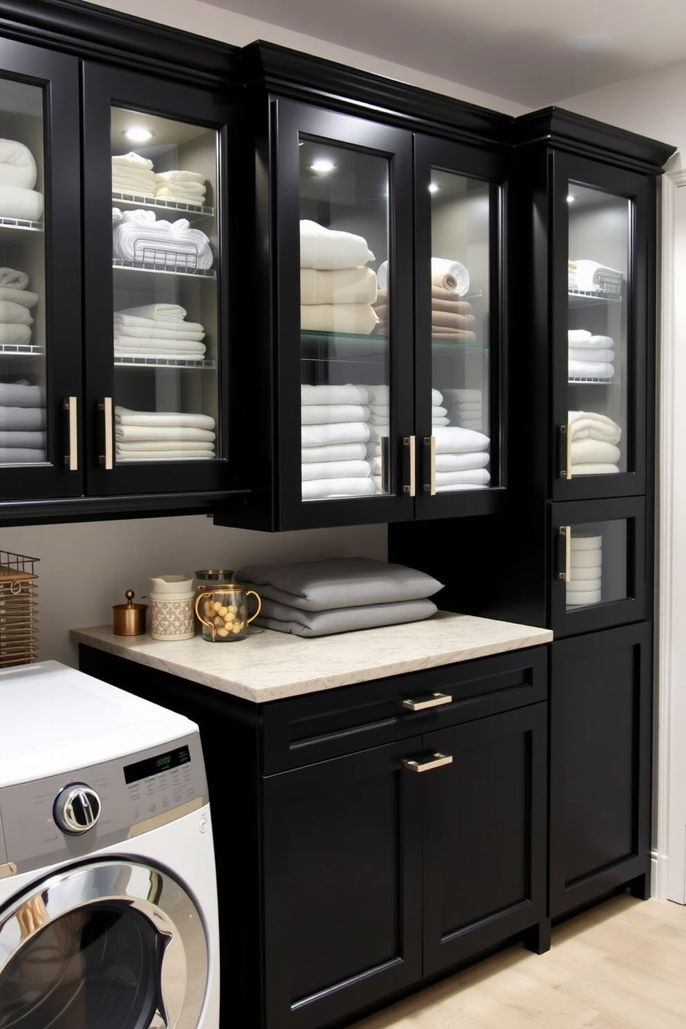 A contemporary black laundry room features sleek cabinetry with glass doors that showcase neatly organized storage. The space is accented with modern appliances and a stylish countertop for folding clothes, creating a functional yet elegant atmosphere.