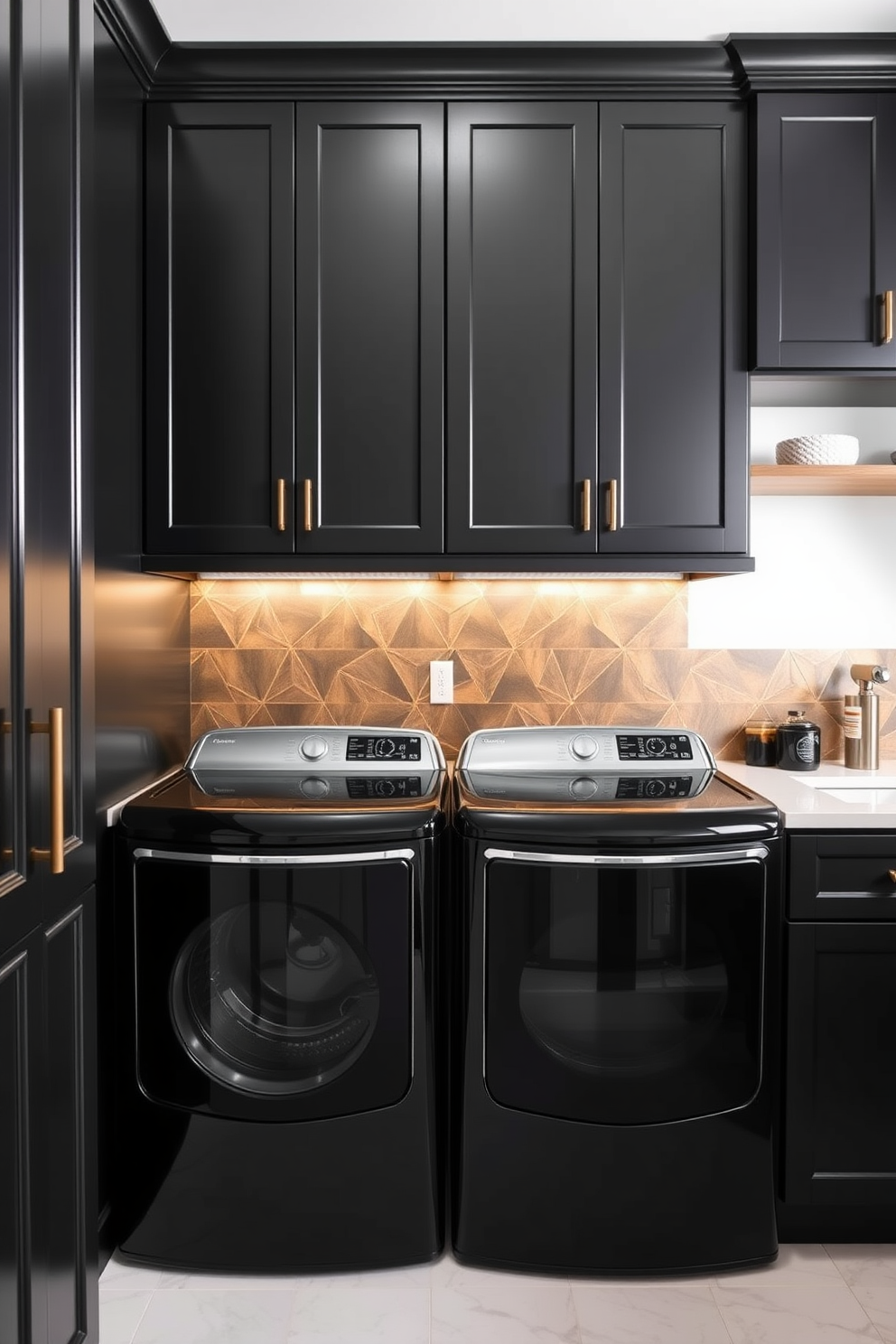 A striking black laundry room featuring a geometric backsplash in gold tones that adds a touch of luxury. The cabinetry is sleek and modern, with matte black finishes complementing the bold backsplash design.